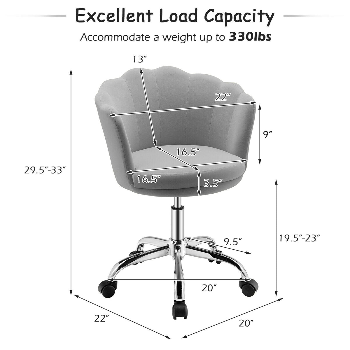Upholstered Velvet Kids Desk Chair with Wheels and Seashell Back-Gray-Leisure Chairs-DECOROLALA