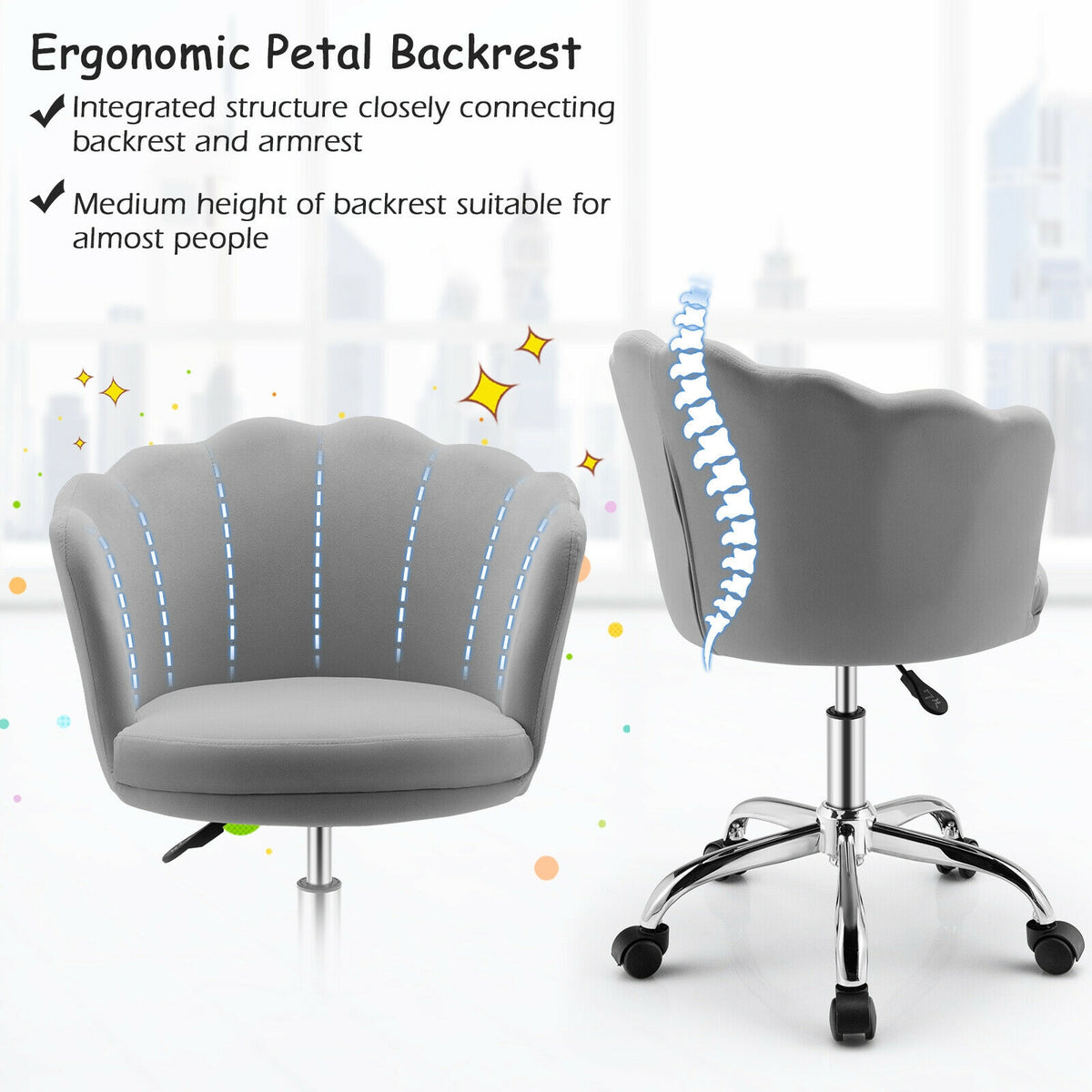Upholstered Velvet Kids Desk Chair with Wheels and Seashell Back-Gray-Leisure Chairs-DECOROLALA