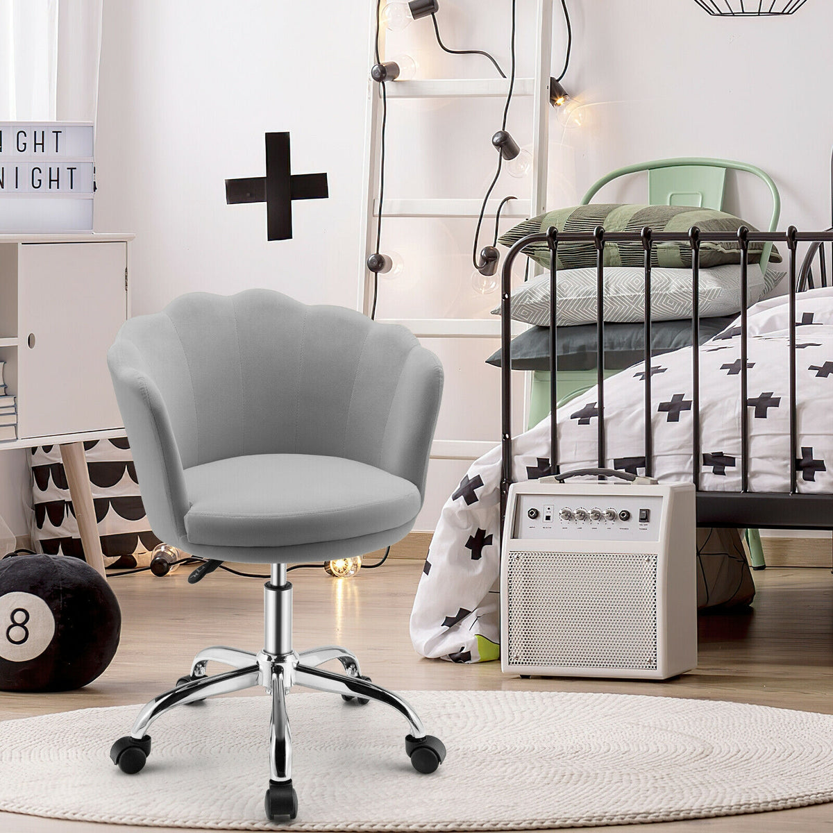Upholstered Velvet Kids Desk Chair with Wheels and Seashell Back-Gray-Leisure Chairs-DECOROLALA