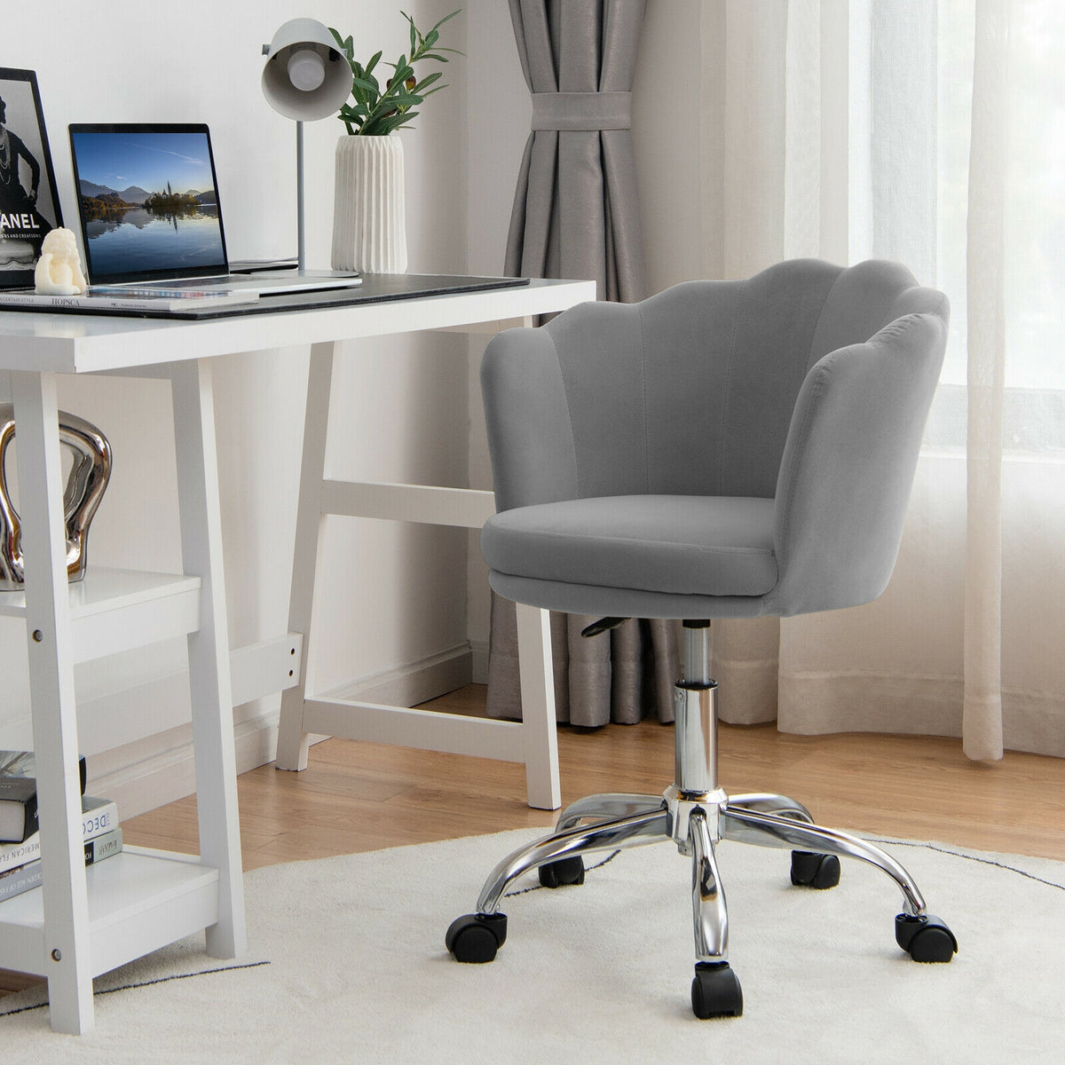 Upholstered Velvet Kids Desk Chair with Wheels and Seashell Back-Gray-Leisure Chairs-DECOROLALA