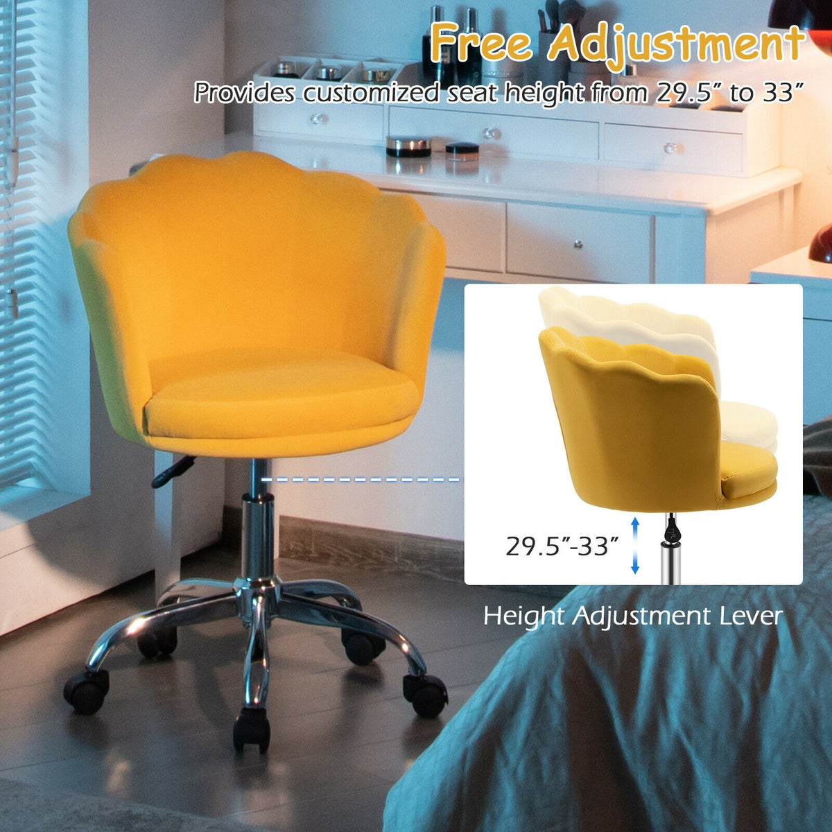 Upholstered Velvet Kids Desk Chair with Wheels and Seashell Back-Yellow-Leisure Chairs-DECOROLALA