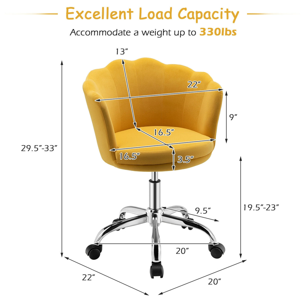 Upholstered Velvet Kids Desk Chair with Wheels and Seashell Back-Yellow-Leisure Chairs-DECOROLALA