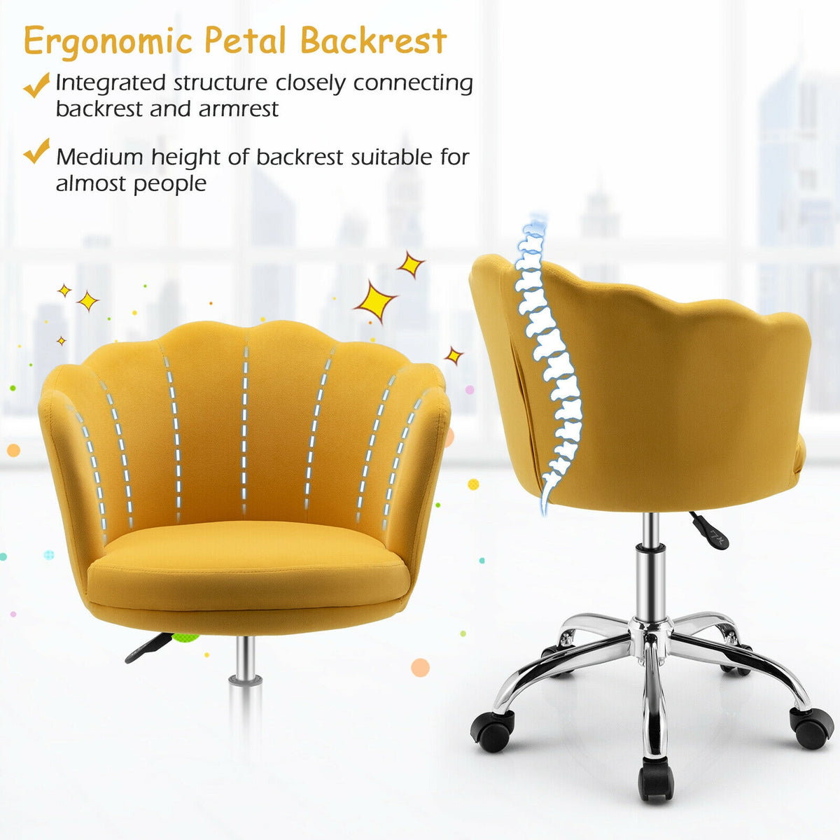 Upholstered Velvet Kids Desk Chair with Wheels and Seashell Back-Yellow-Leisure Chairs-DECOROLALA