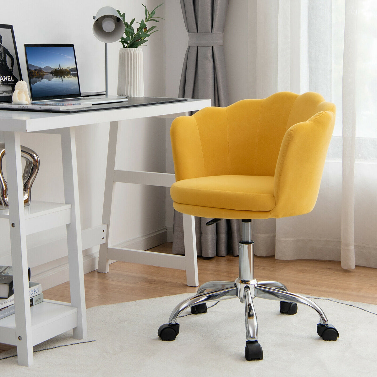 Upholstered Velvet Kids Desk Chair with Wheels and Seashell Back-Yellow-Leisure Chairs-DECOROLALA