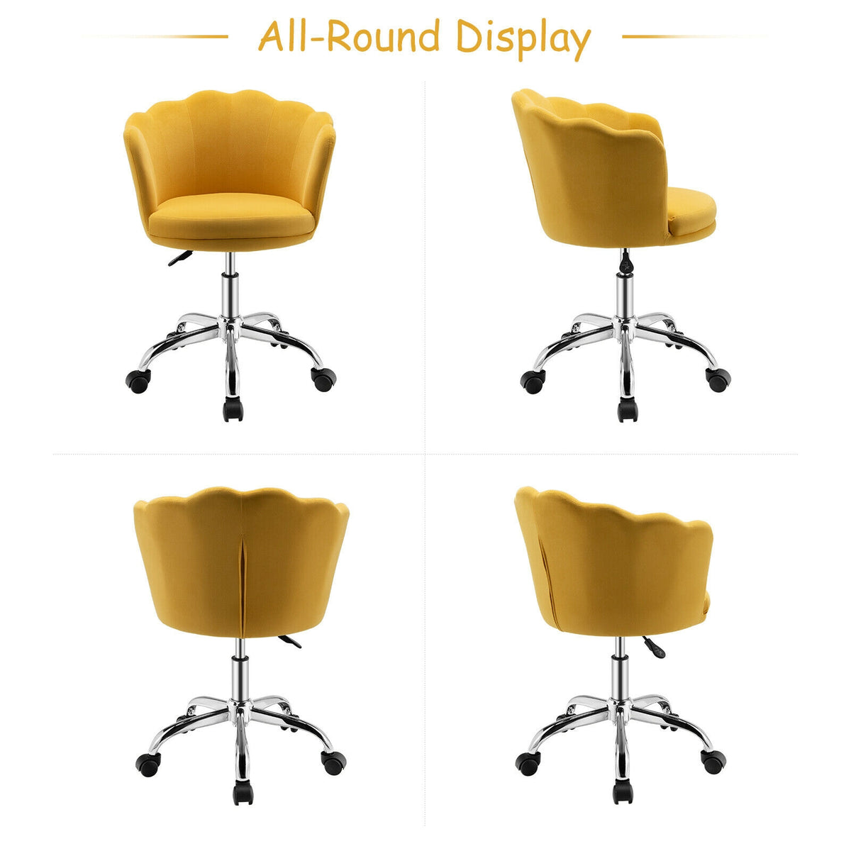 Upholstered Velvet Kids Desk Chair with Wheels and Seashell Back-Yellow-Leisure Chairs-DECOROLALA