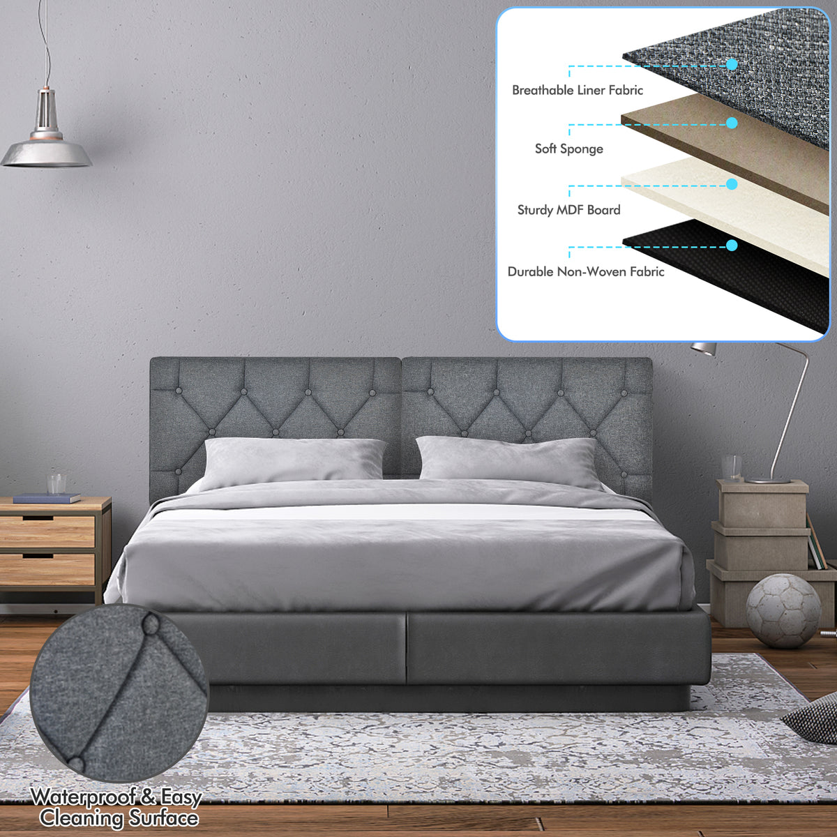 Upholstered Wall Mounted Headboard with Tufted Button Linen Fabric-Headboards-DECOROLALA