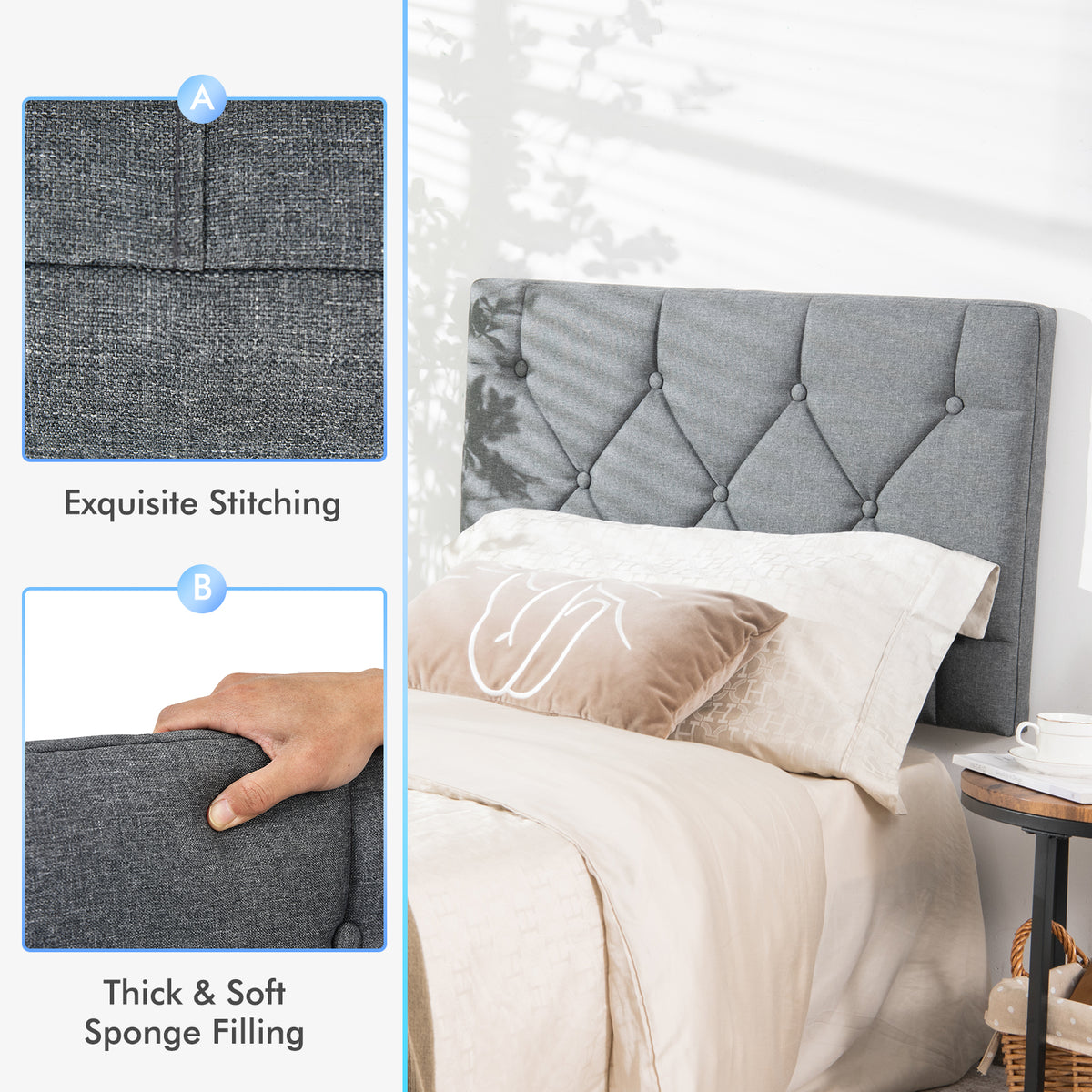 Upholstered Wall Mounted Headboard with Tufted Button Linen Fabric-Headboards-DECOROLALA