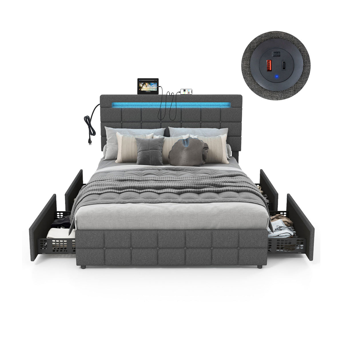 Upholstered LED Bed Frame with Headboard and 4 Drawers-Simple Bed Frame-DECOROLALA