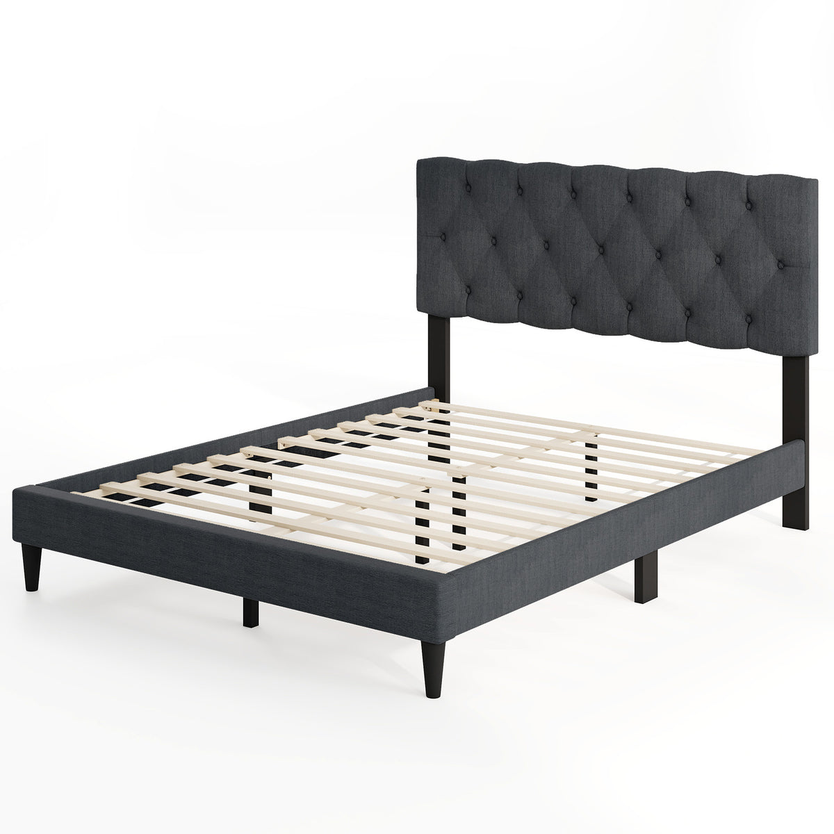 Upholstered Platform Bed with Tufted Headboard and Wooden Slats Gray-Simple Bed Frame-DECOROLALA