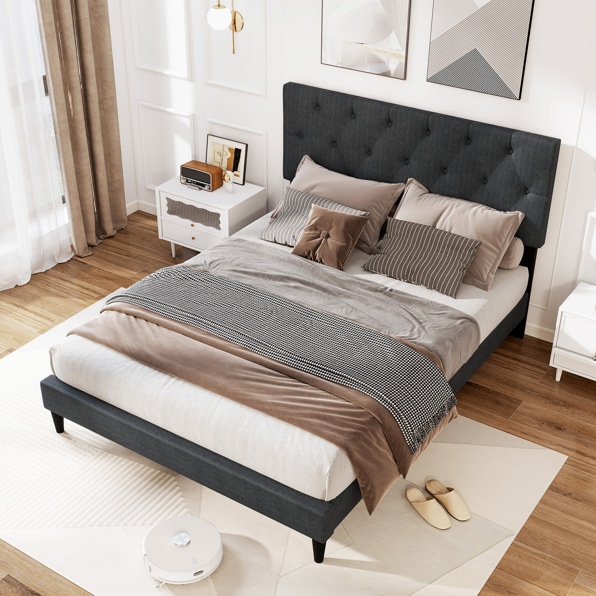 Upholstered Platform Bed with Tufted Headboard and Wooden Slats Gray-Simple Bed Frame-DECOROLALA