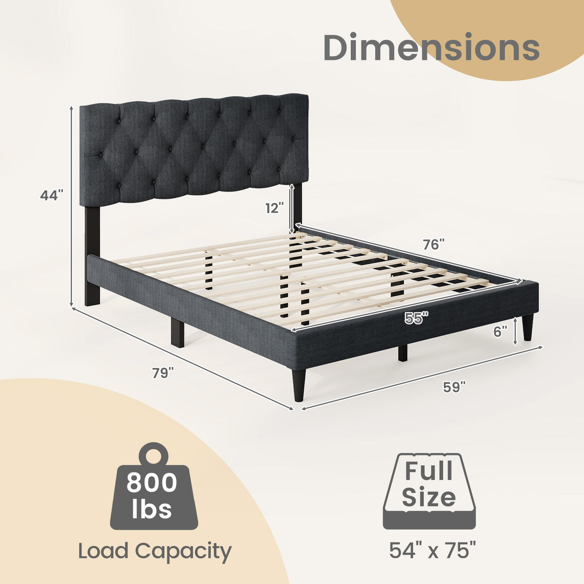 Upholstered Platform Bed with Tufted Headboard and Wooden Slats Gray-Simple Bed Frame-DECOROLALA