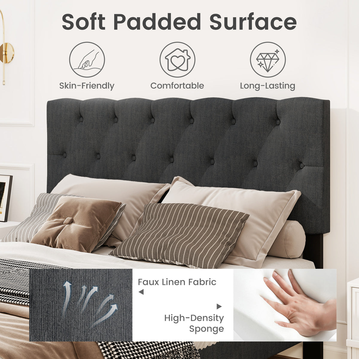 Upholstered Platform Bed with Tufted Headboard and Wooden Slats Gray-Simple Bed Frame-DECOROLALA
