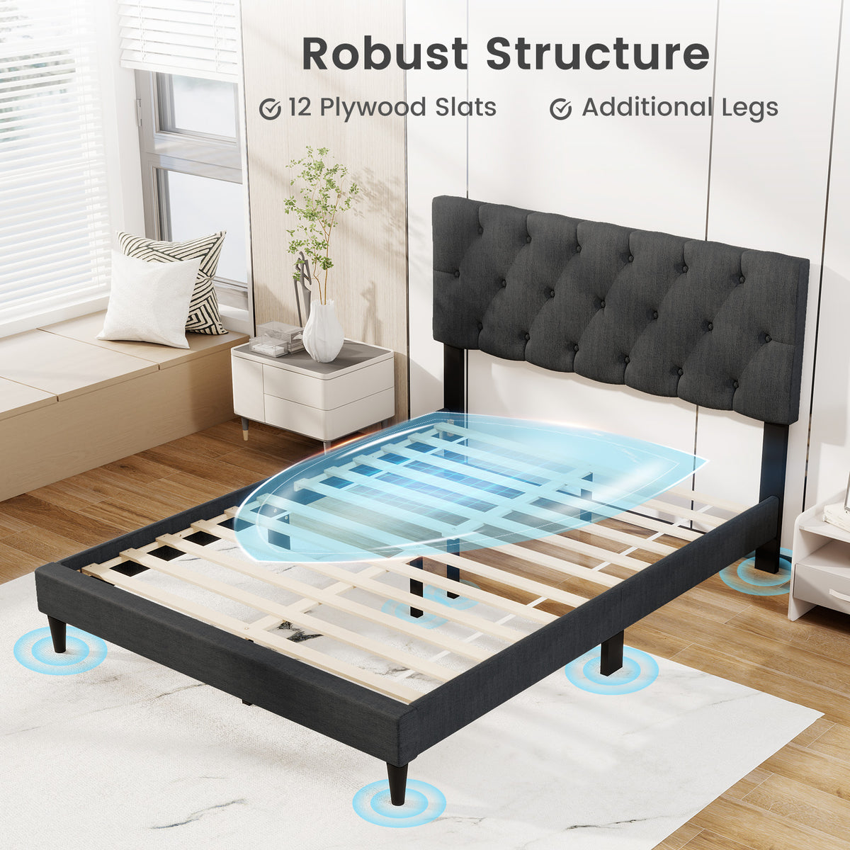 Upholstered Platform Bed with Tufted Headboard and Wooden Slats Gray-Simple Bed Frame-DECOROLALA
