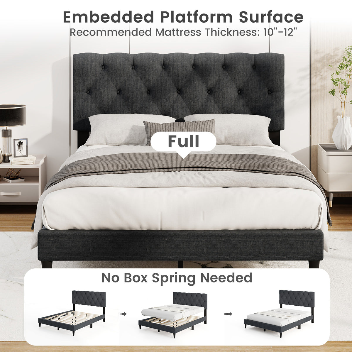 Upholstered Platform Bed with Tufted Headboard and Wooden Slats Gray-Simple Bed Frame-DECOROLALA