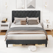 Upholstered Platform Bed with Tufted Headboard and Wooden Slats Gray-Simple Bed Frame-DECOROLALA