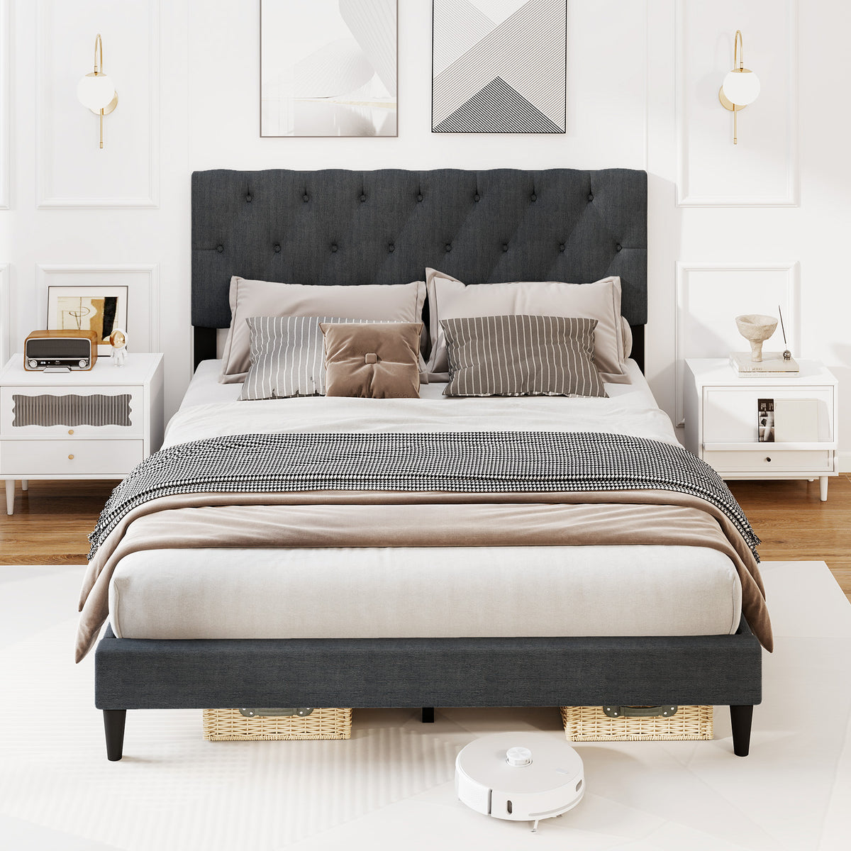 Upholstered Platform Bed with Tufted Headboard and Wooden Slats Gray-Simple Bed Frame-DECOROLALA