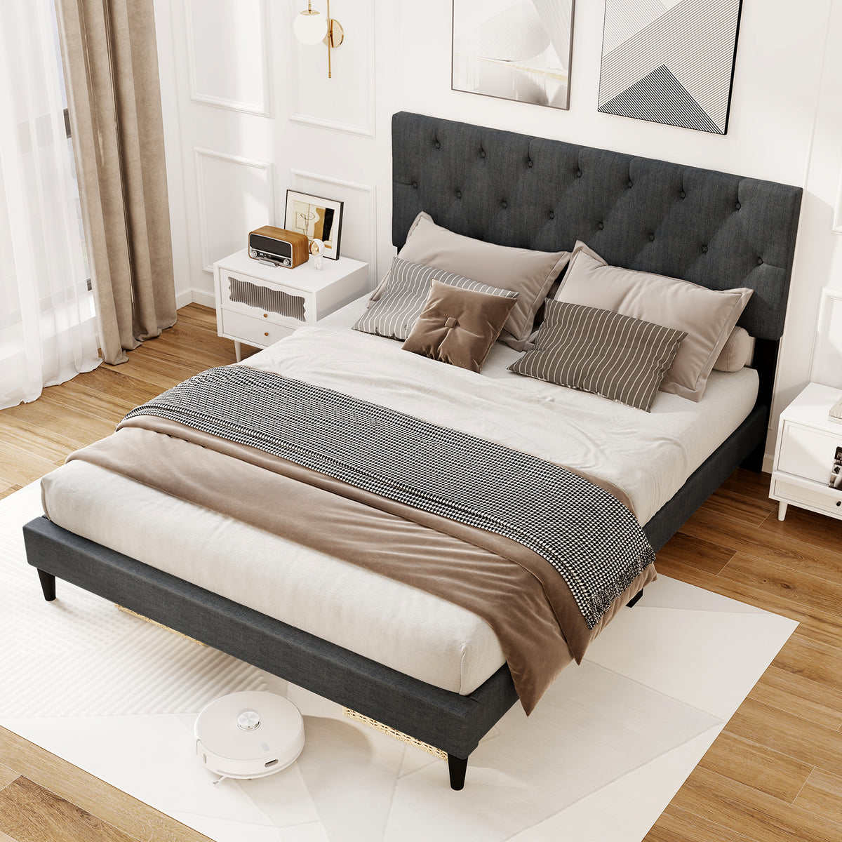 Upholstered Platform Bed with Tufted Headboard and Wooden Slats Gray-Simple Bed Frame-DECOROLALA