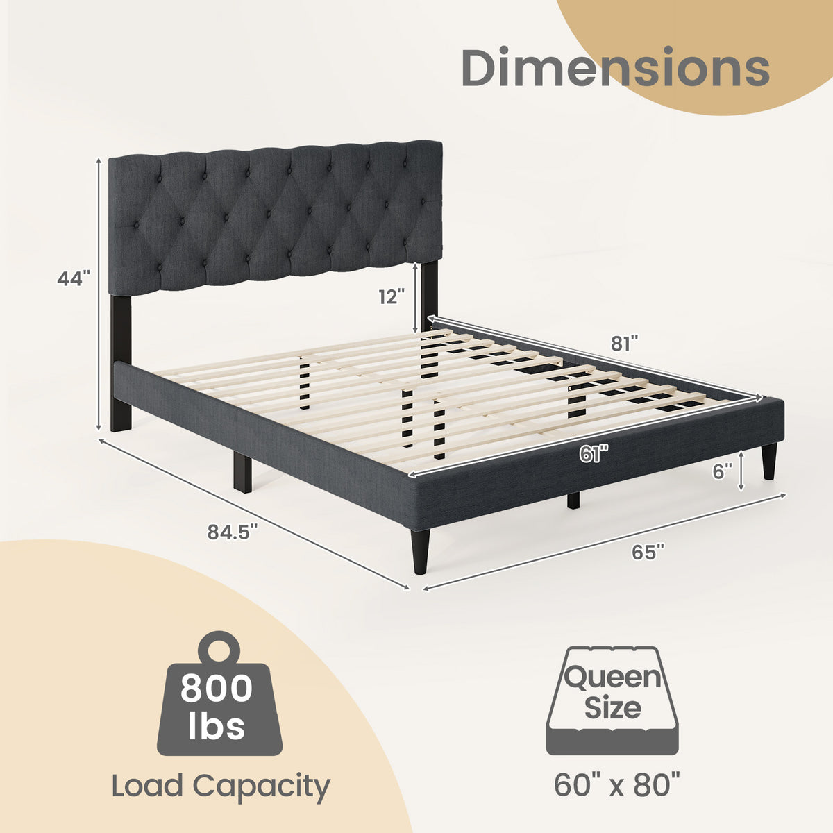 Upholstered Platform Bed with Tufted Headboard and Wooden Slats Gray-Simple Bed Frame-DECOROLALA