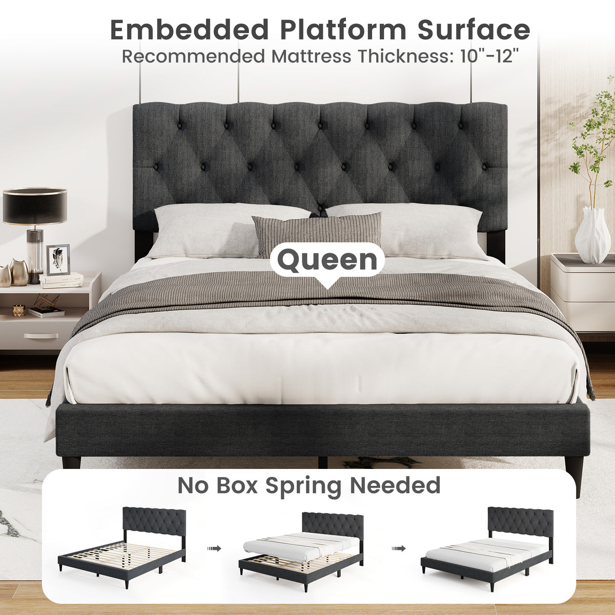 Upholstered Platform Bed with Tufted Headboard and Wooden Slats Gray-Simple Bed Frame-DECOROLALA