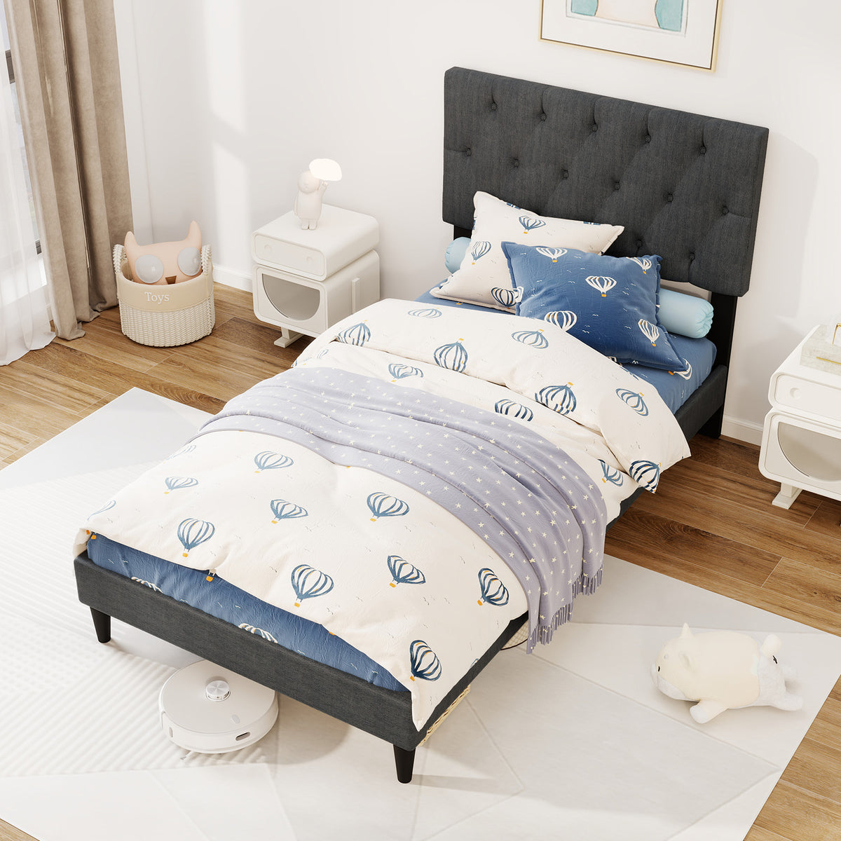 Upholstered Platform Bed with Tufted Headboard and Wooden Slats Gray-Simple Bed Frame-DECOROLALA