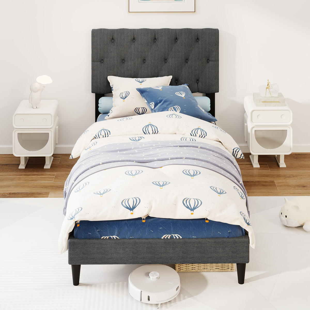 Upholstered Platform Bed with Tufted Headboard and Wooden Slats Gray-Simple Bed Frame-DECOROLALA