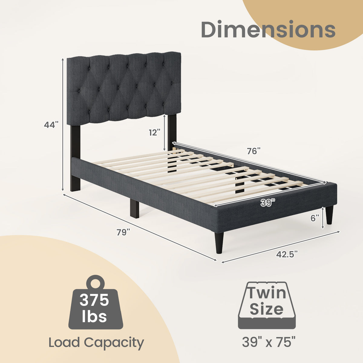 Upholstered Platform Bed with Tufted Headboard and Wooden Slats Gray-Simple Bed Frame-DECOROLALA