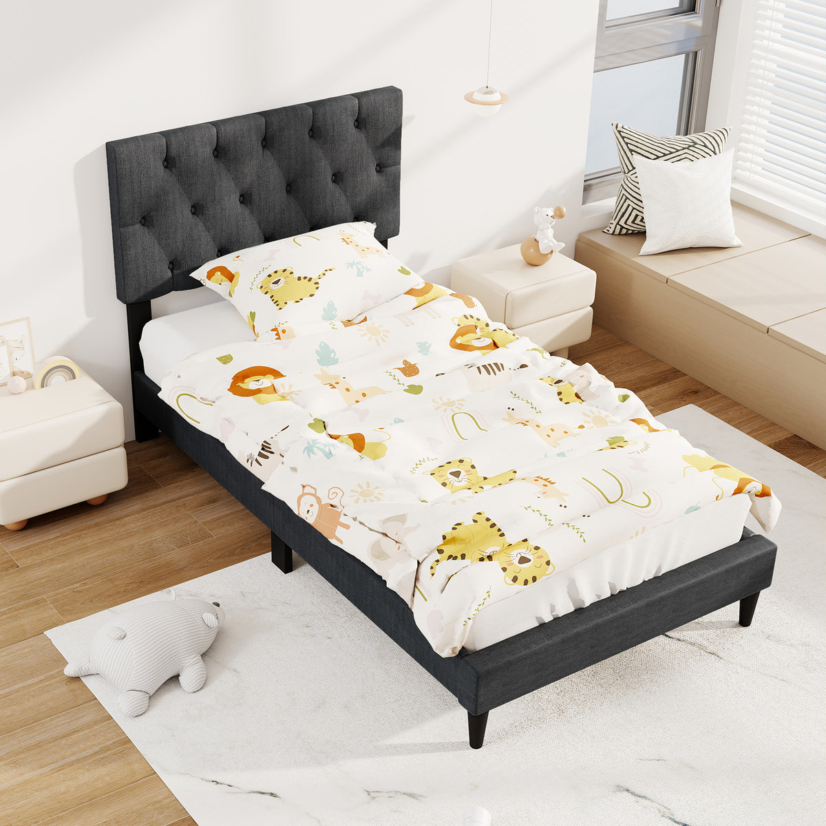 Upholstered Platform Bed with Tufted Headboard and Wooden Slats Gray-Simple Bed Frame-DECOROLALA