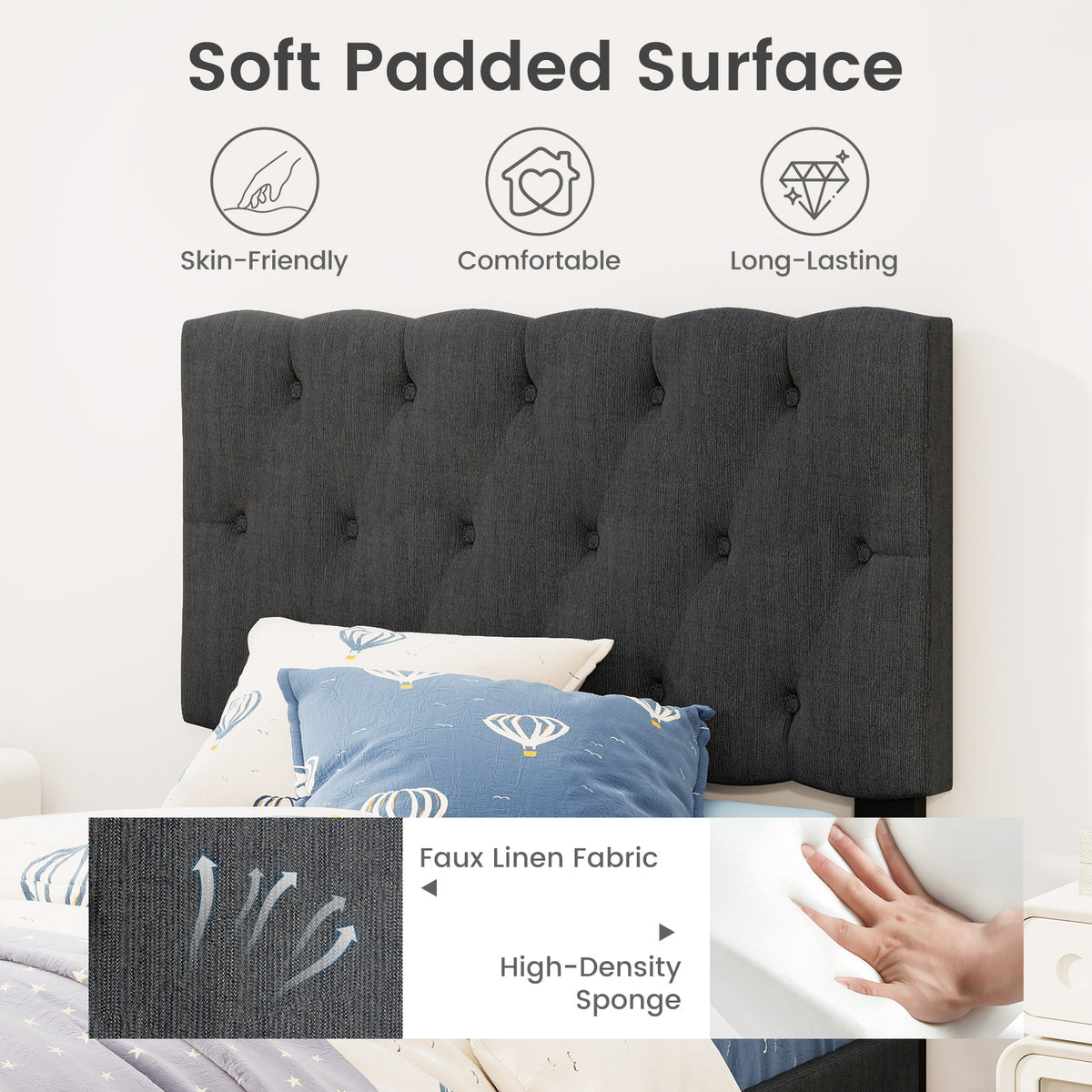Upholstered Platform Bed with Tufted Headboard and Wooden Slats Gray-Simple Bed Frame-DECOROLALA