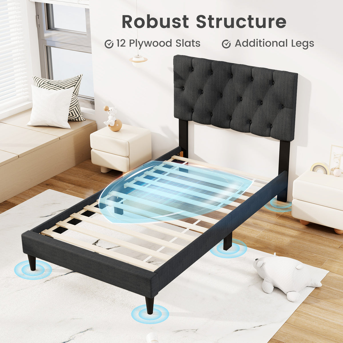Upholstered Platform Bed with Tufted Headboard and Wooden Slats Gray-Simple Bed Frame-DECOROLALA