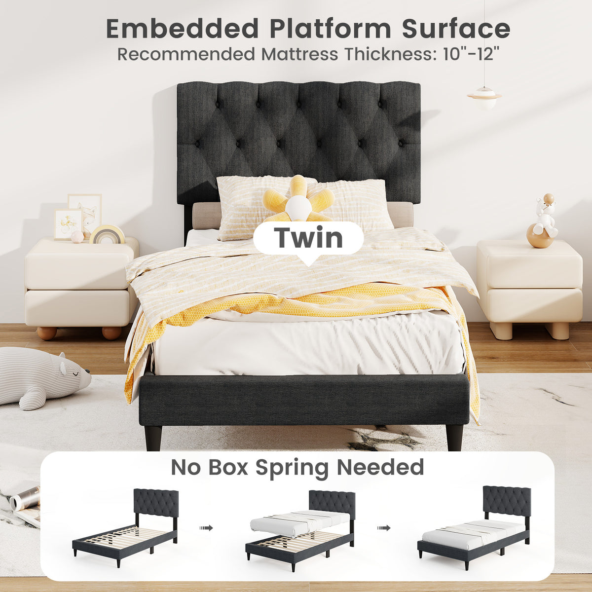 Upholstered Platform Bed with Tufted Headboard and Wooden Slats Gray-Simple Bed Frame-DECOROLALA