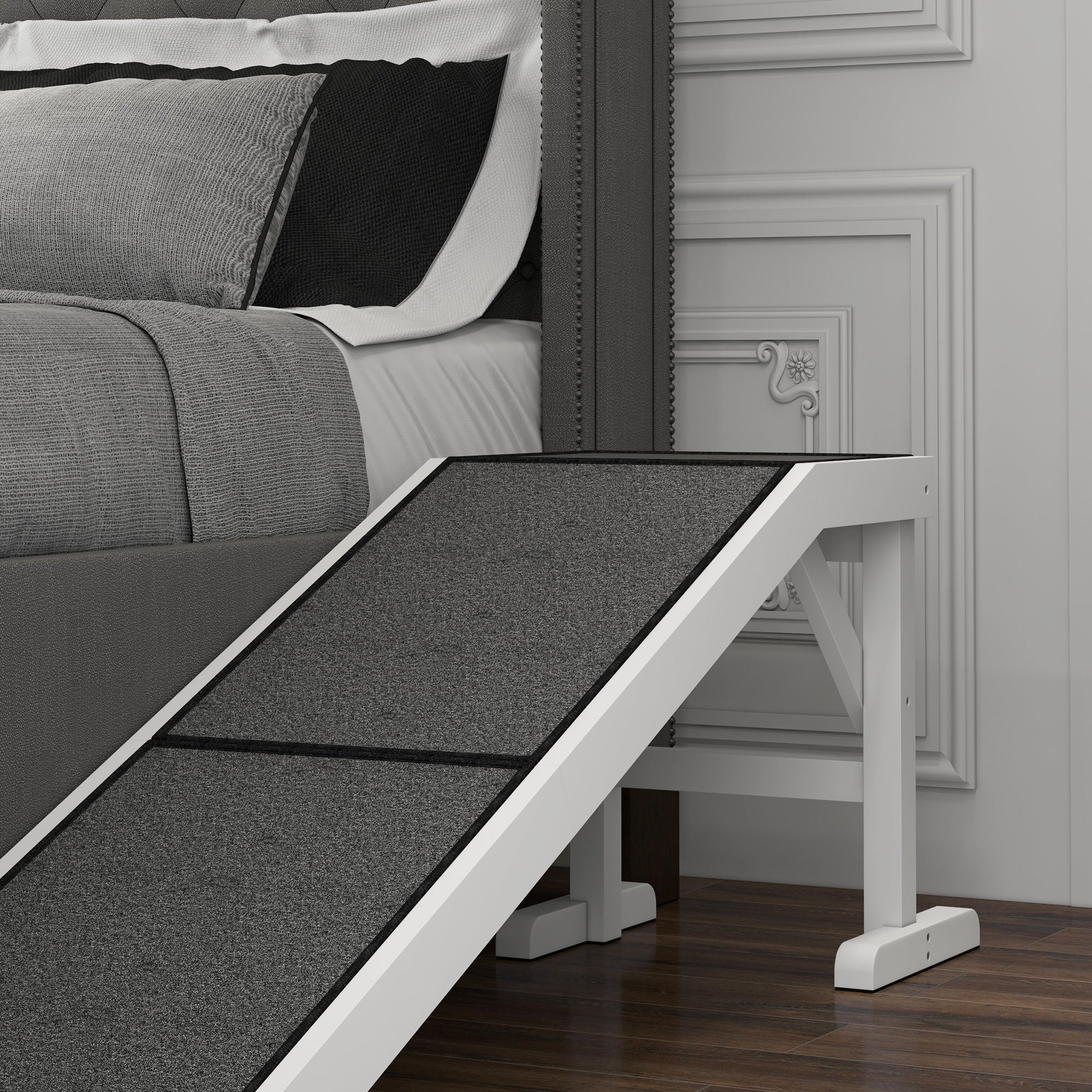 Rampe-lit avec marches pour chiens et chats, plateforme supérieure en moquette antidérapante, bois de pin, 59"L x 16"W x 20"H, blanc