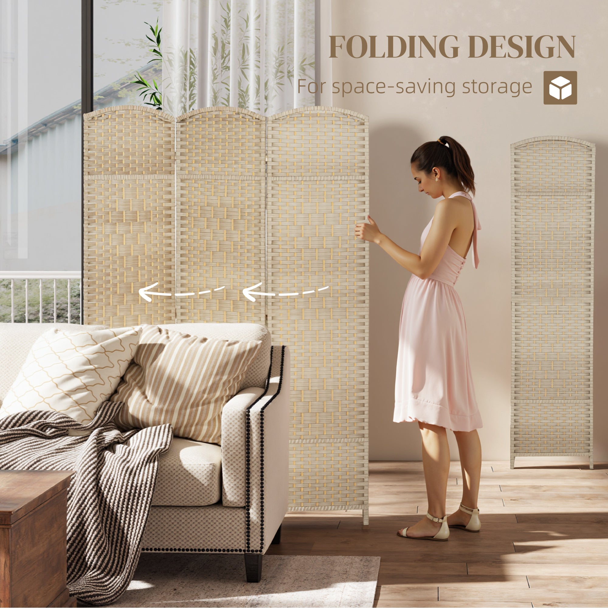 6 Ft Tall Folding Room Divider, 3 Panel Portable Privacy Screen, Hand-Woven Partition Wall Divider, Light Oak