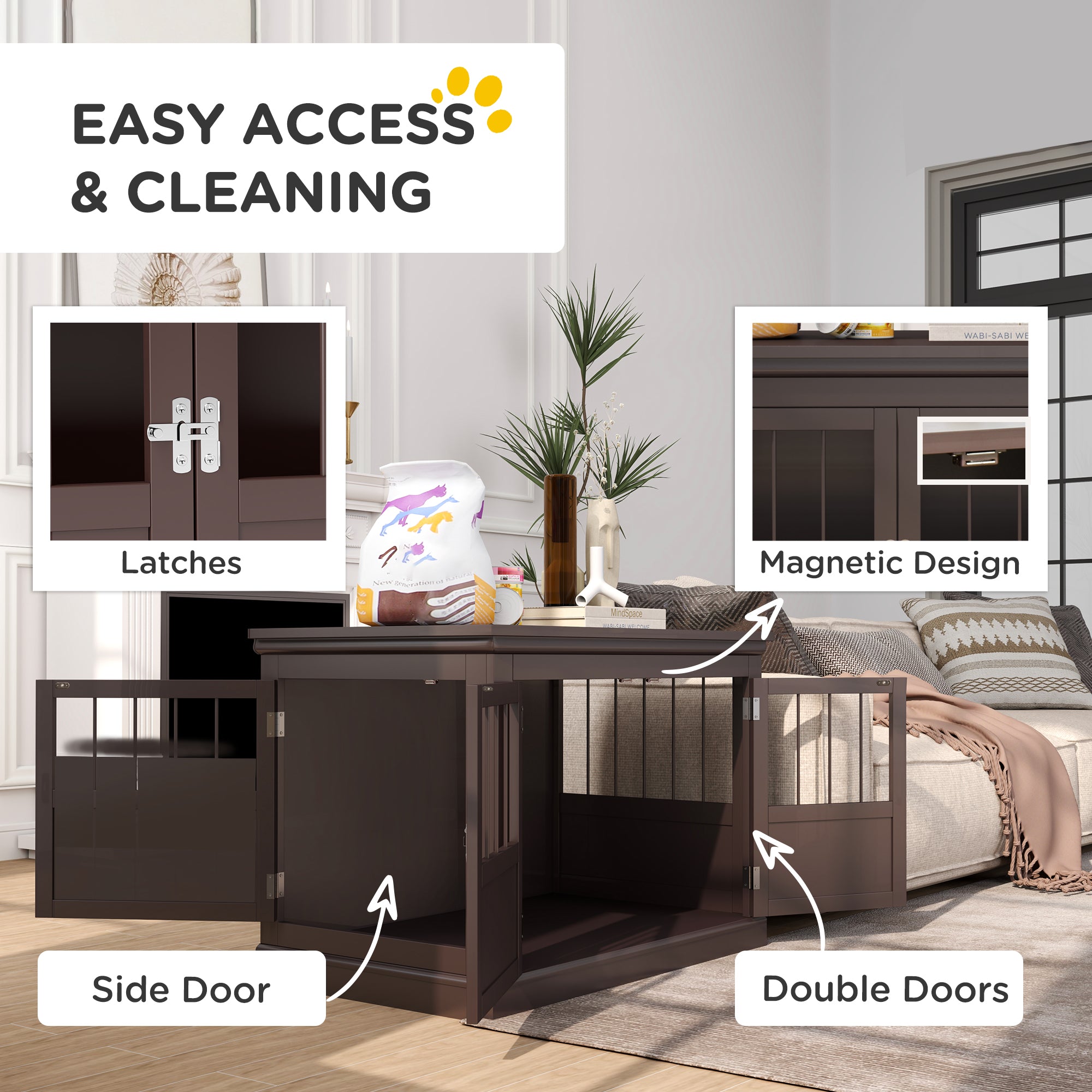 31" Dog Crate Furniture End Table with Three Doors for Small Dogs, Coffee