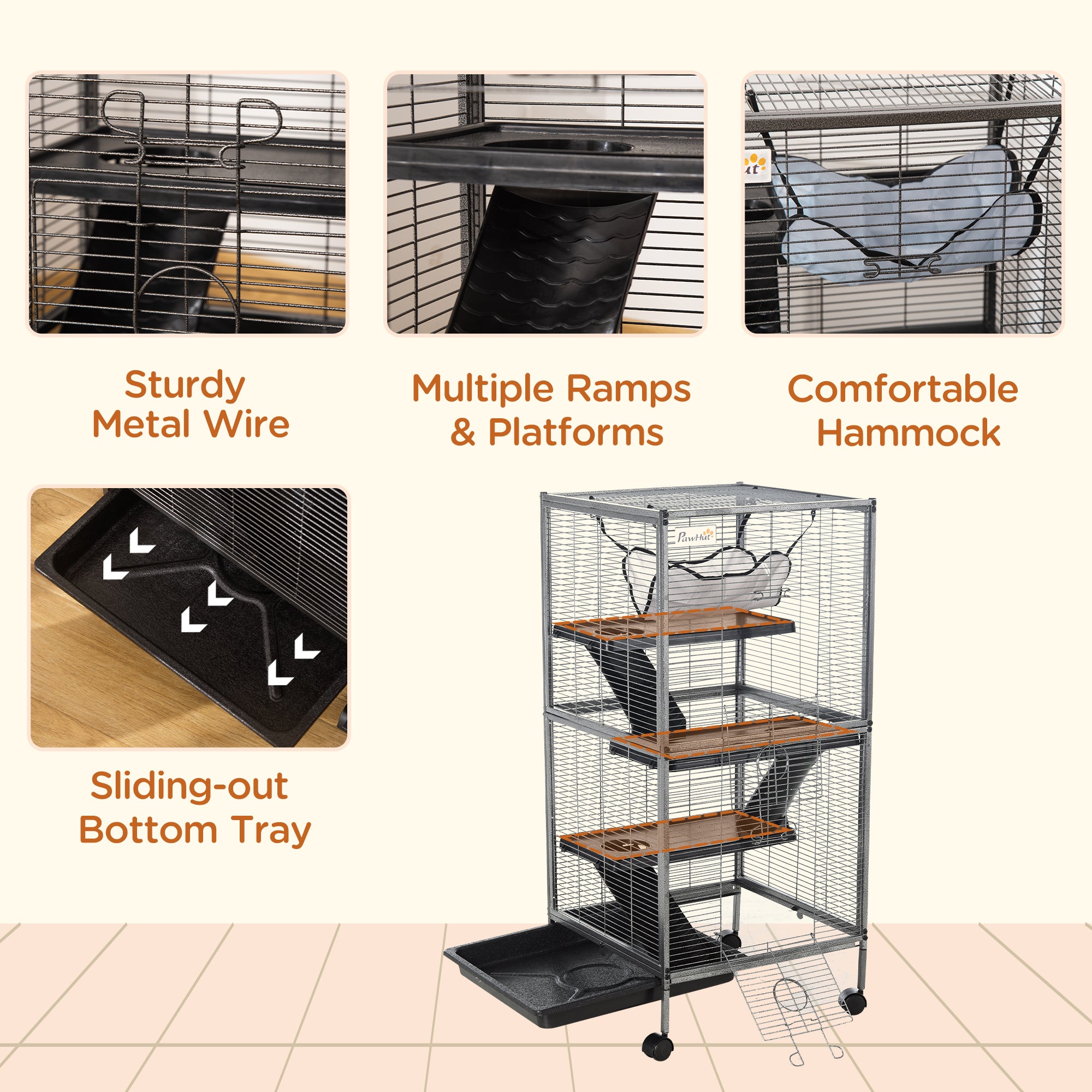4-Tier Rolling Small Animal Cage, Deluxe Ferret Cage for Mink Chinchilla Kitten Rabbit