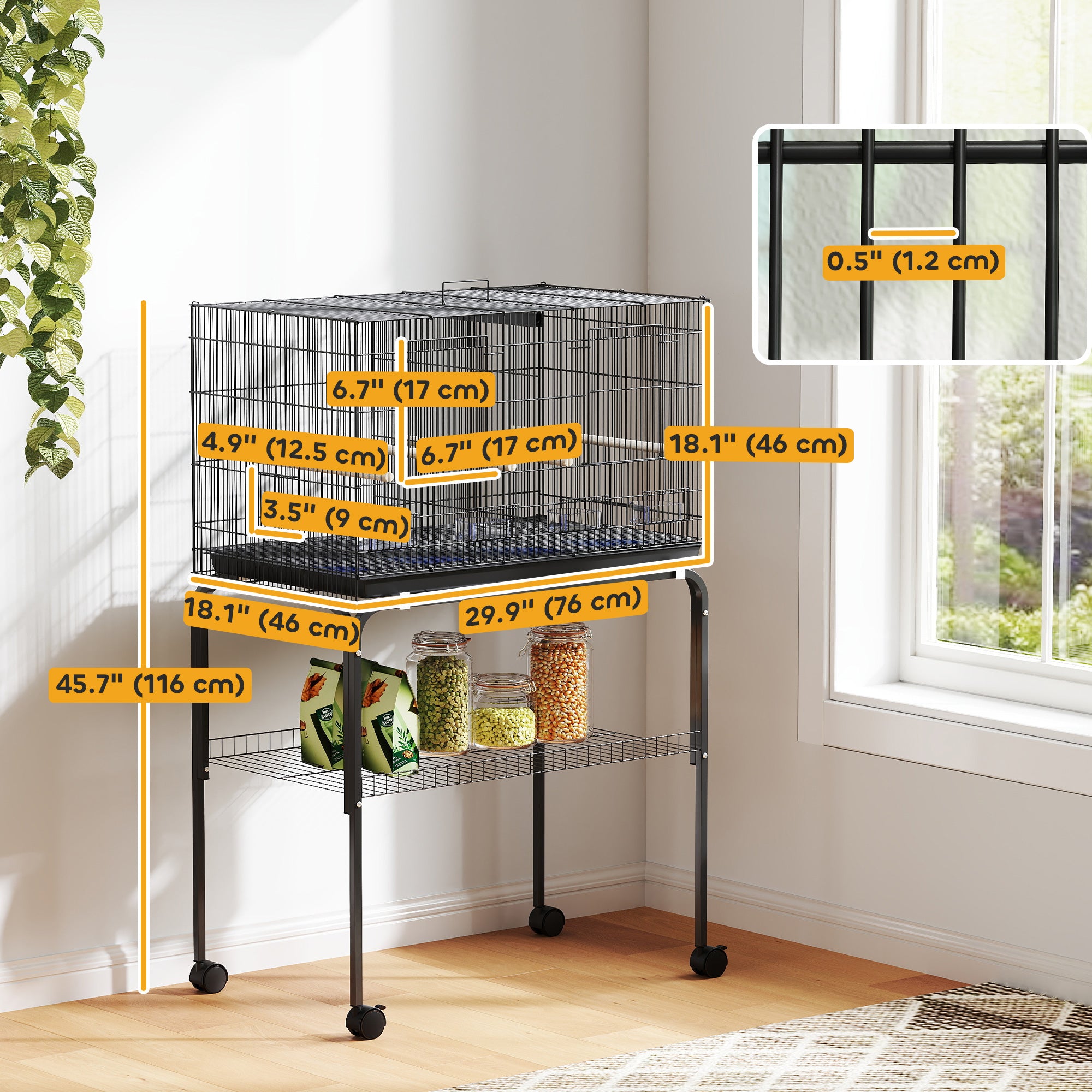 46" H Bird Cage, Large Parakeet Cage for Budgie, Lovebird, Canary, Finches with Divider, Black