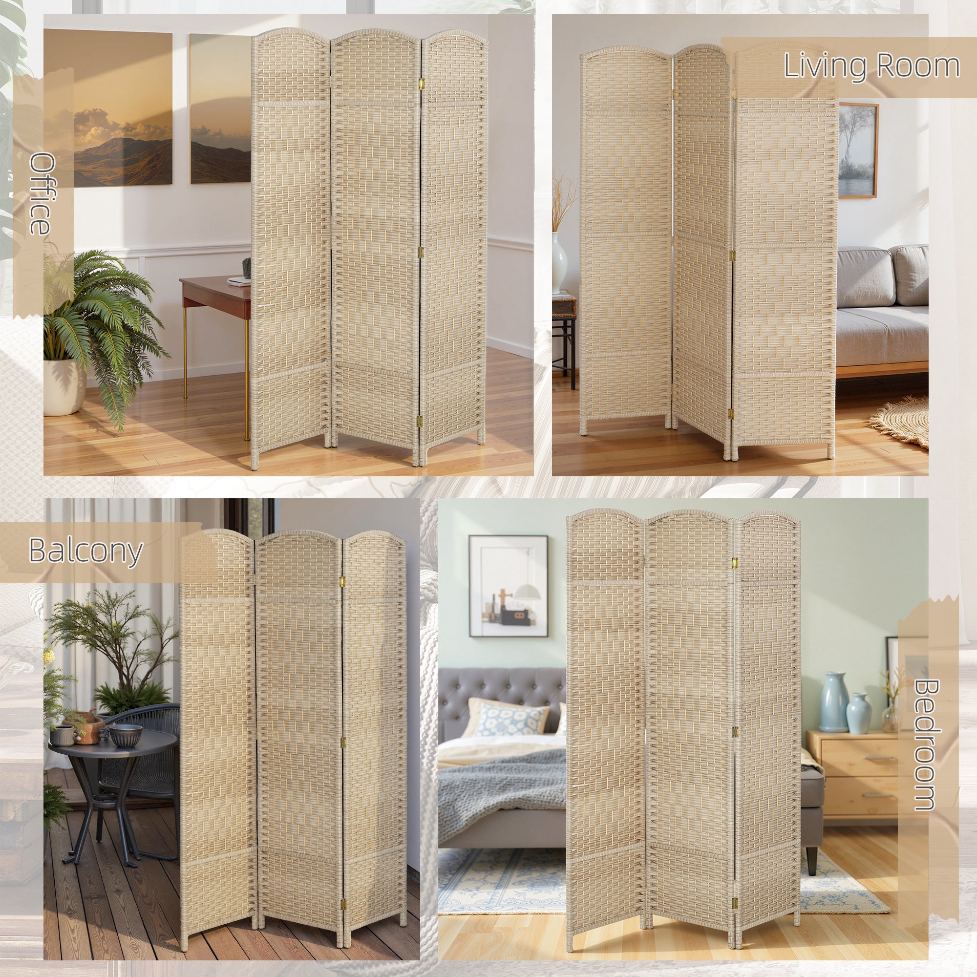 6 Ft Tall Folding Room Divider, 3 Panel Portable Privacy Screen, Hand-Woven Partition Wall Divider, Light Oak