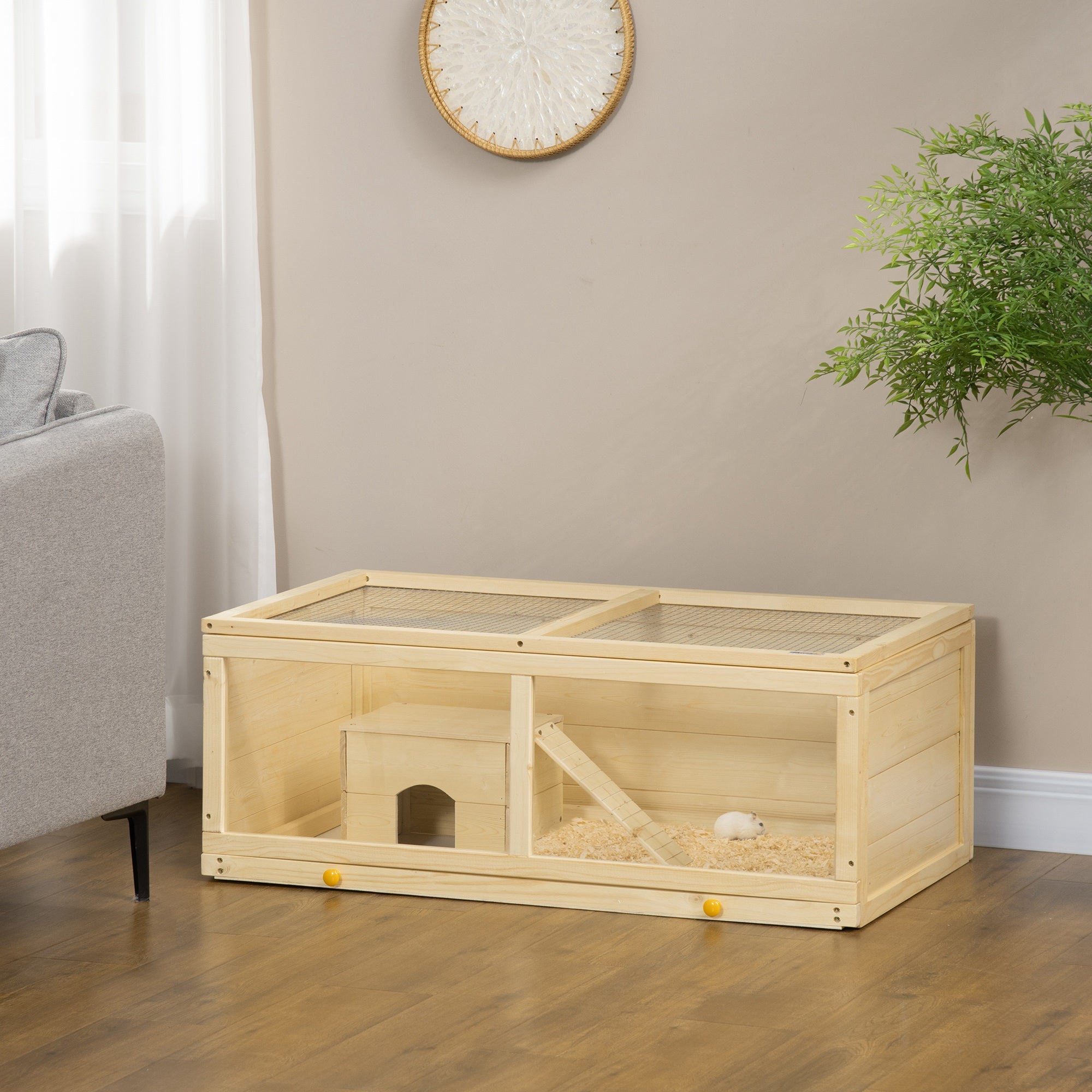 Small Animals Kit Hutch w/ Sliding Tray, Exercise Play House for Dwarf Hamsters, Gerbils, Chinchillas, Natural Wood
