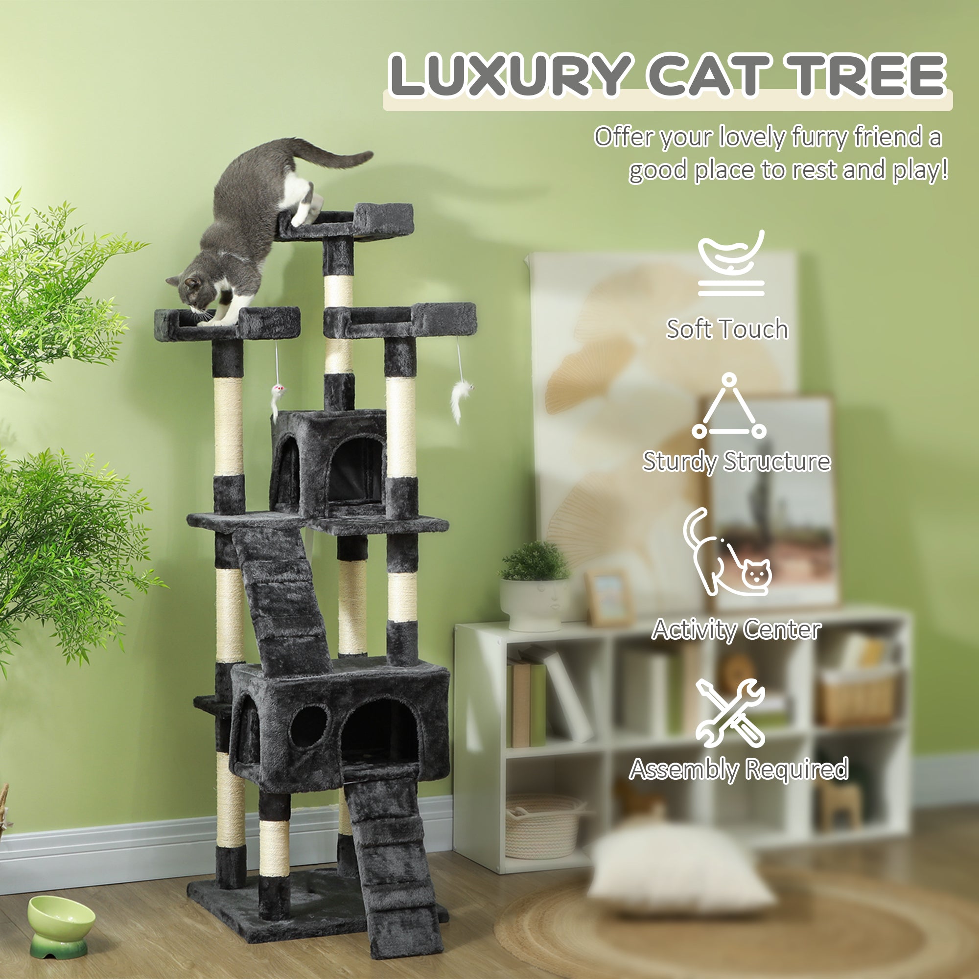 68" Multi-Level Cat Scratching Tree with 3 Perches & 2 Condos, 4 Tier Kitty Activity Center with Ladders & Dangling Toys, Grey