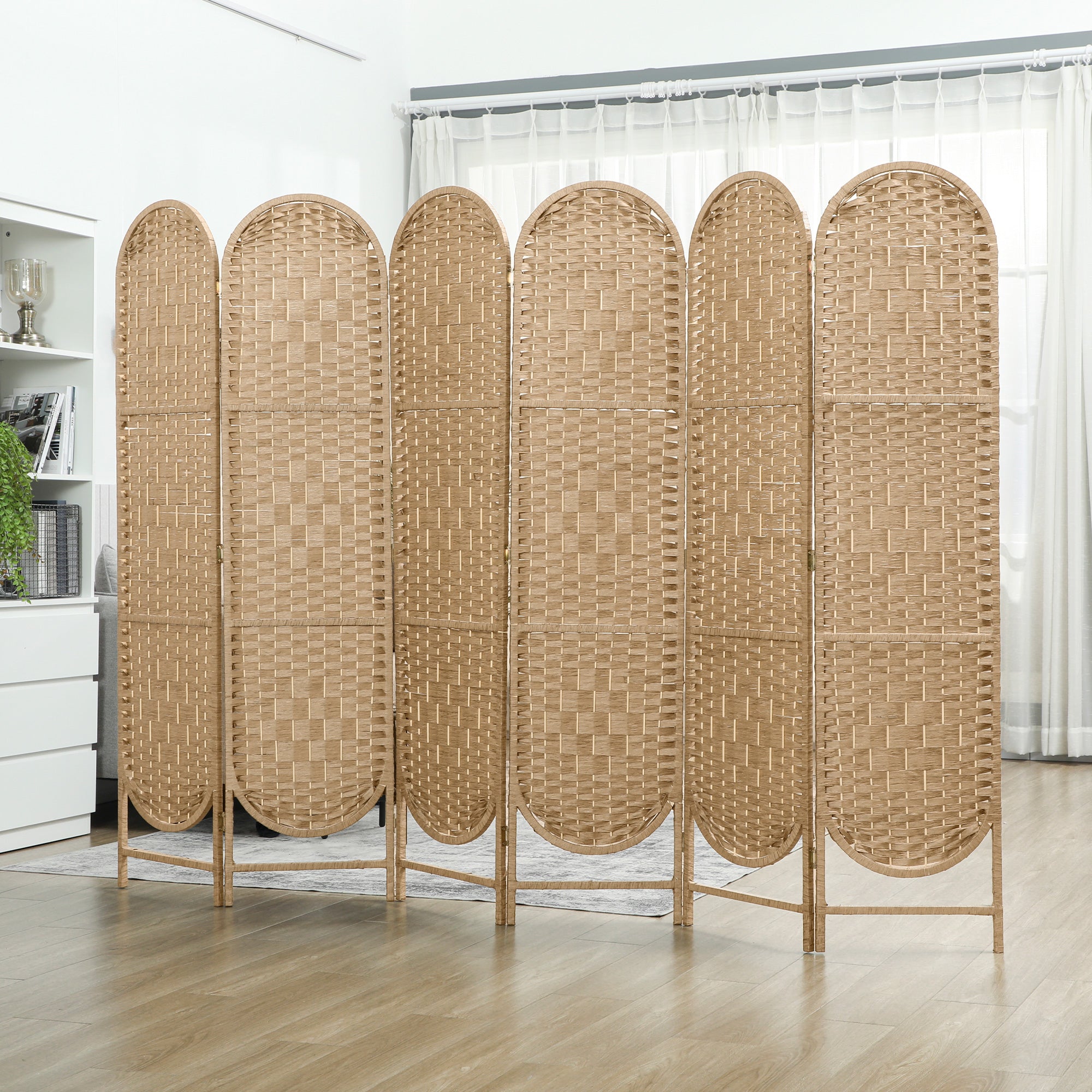 Bohemian Privacy Screen, Folding Room Divider with 6 Panels and Arched Top for Bedroom Living Room Office, Natural Wood