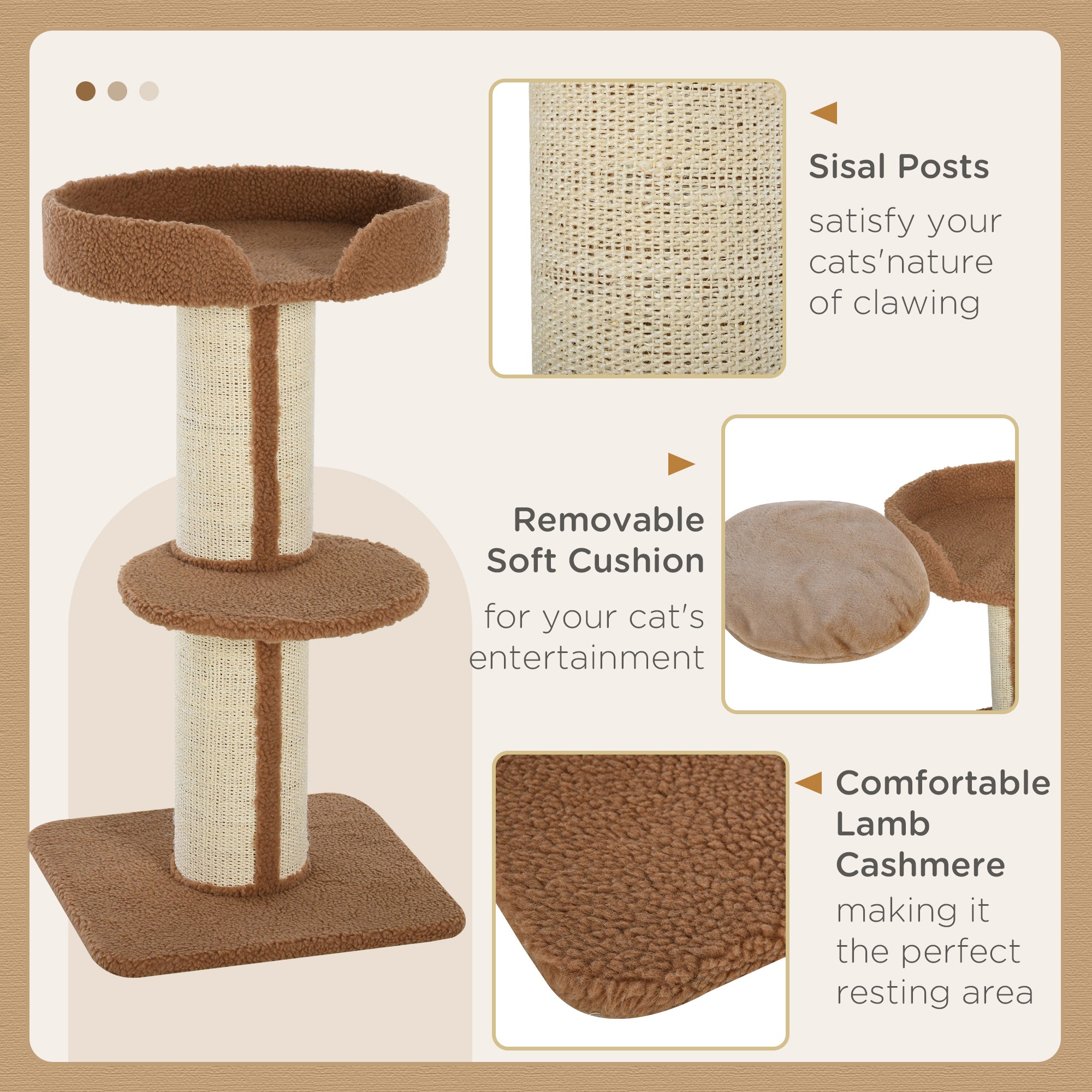 Cat Tree Kitty Tower with Sisal Mat Scratching Post, Cat Bed, Cushion, Perch, 18" x 18" x 36", Brown