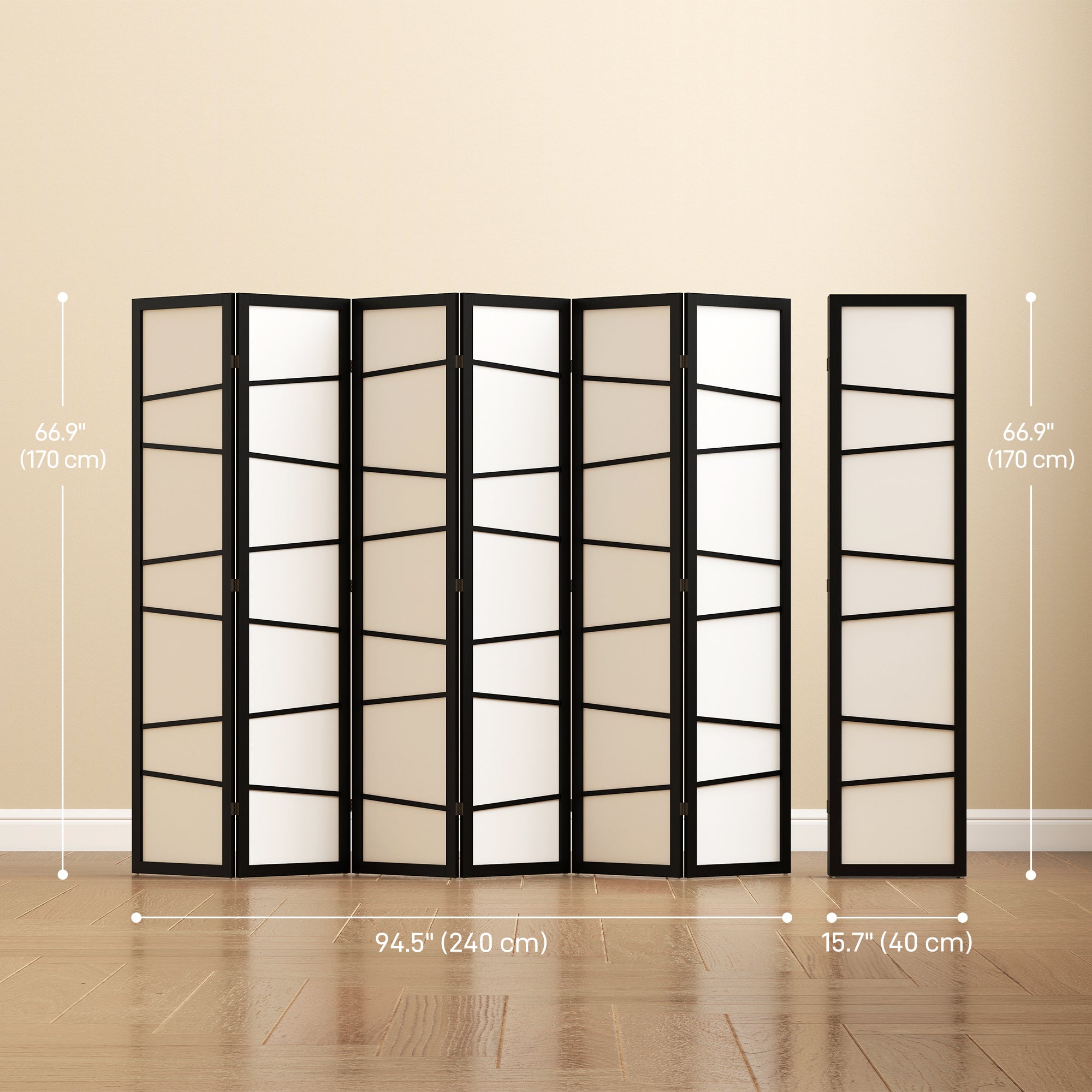 66.9" Folding Room Divider, 6 Panel Wall Partition with Wood Frame for Bedroom, Home Office, White