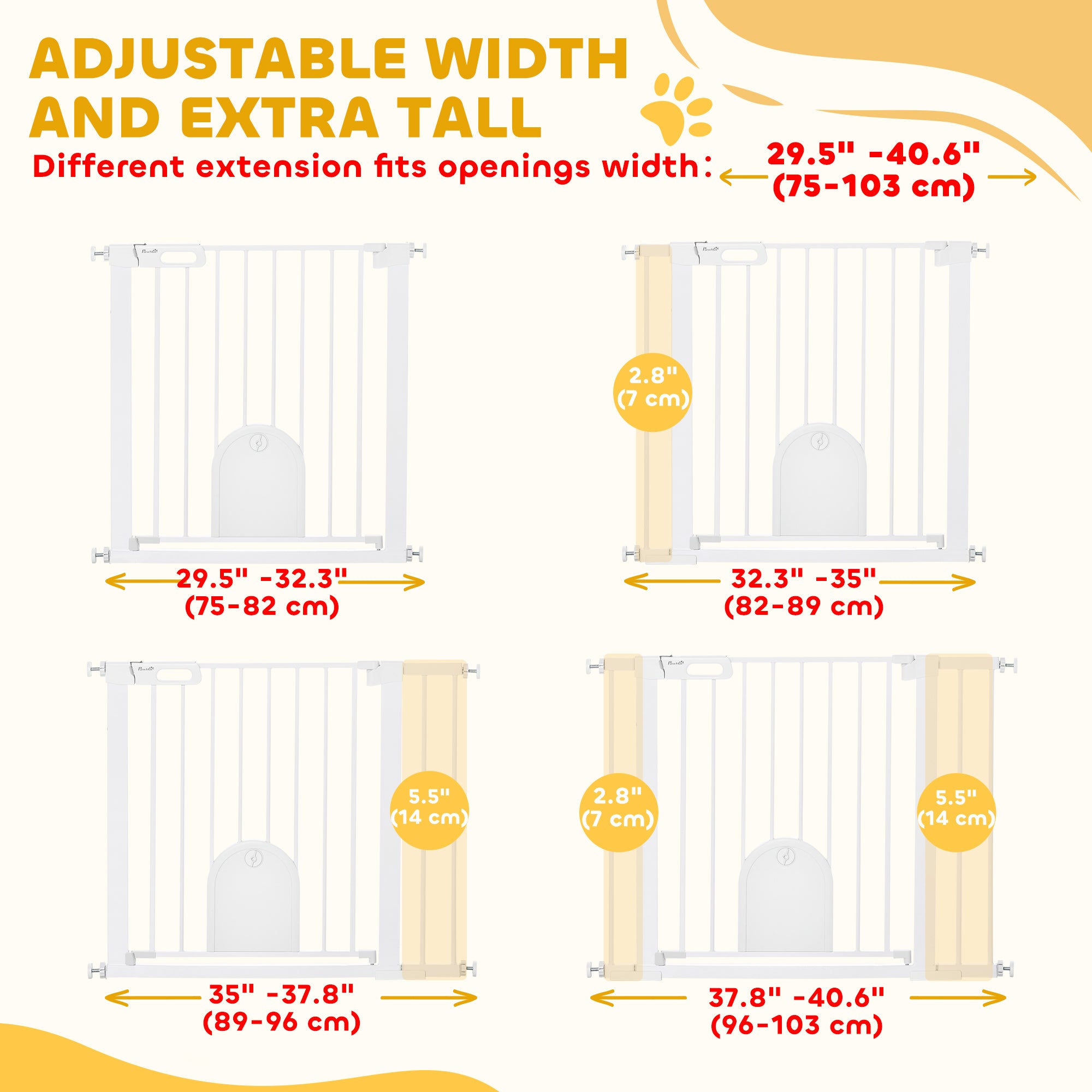 30"-41" Extra Wide Pet Gate Barrier with Small Door, 30"H Dog Gate with Safety Gate Barrier, Stair Pressure Fit, White