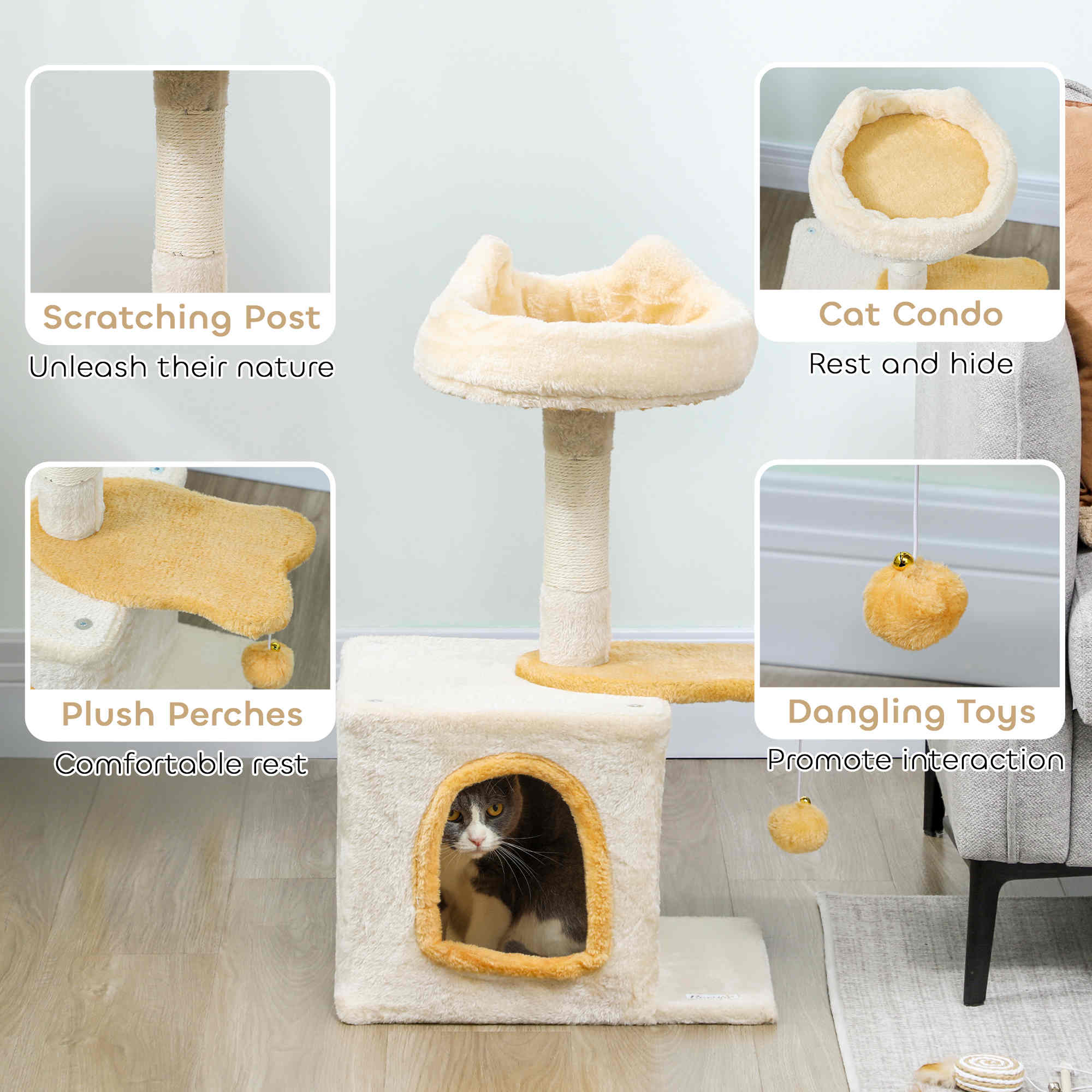 28" Cat Tree Tower with Plush Top Bed, Cozy Condo, Sisal Scratching Post, Perch, Dangling Ball, Beige and Yellow