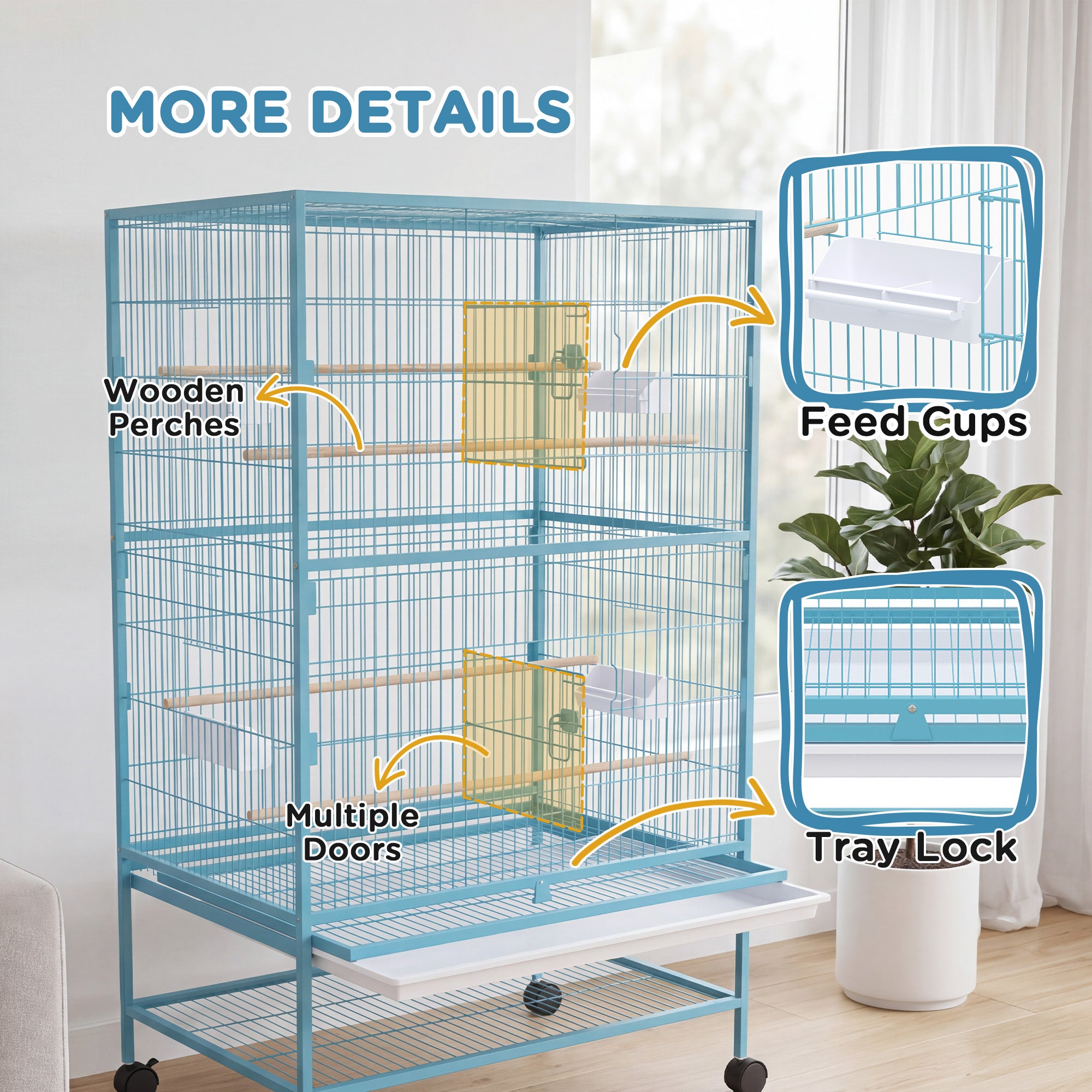 52'' Large Rolling Steel Bird Cage Bird House with Rolling Stand, Storage Shelf, Wood Perch, Food Container, Light Blue