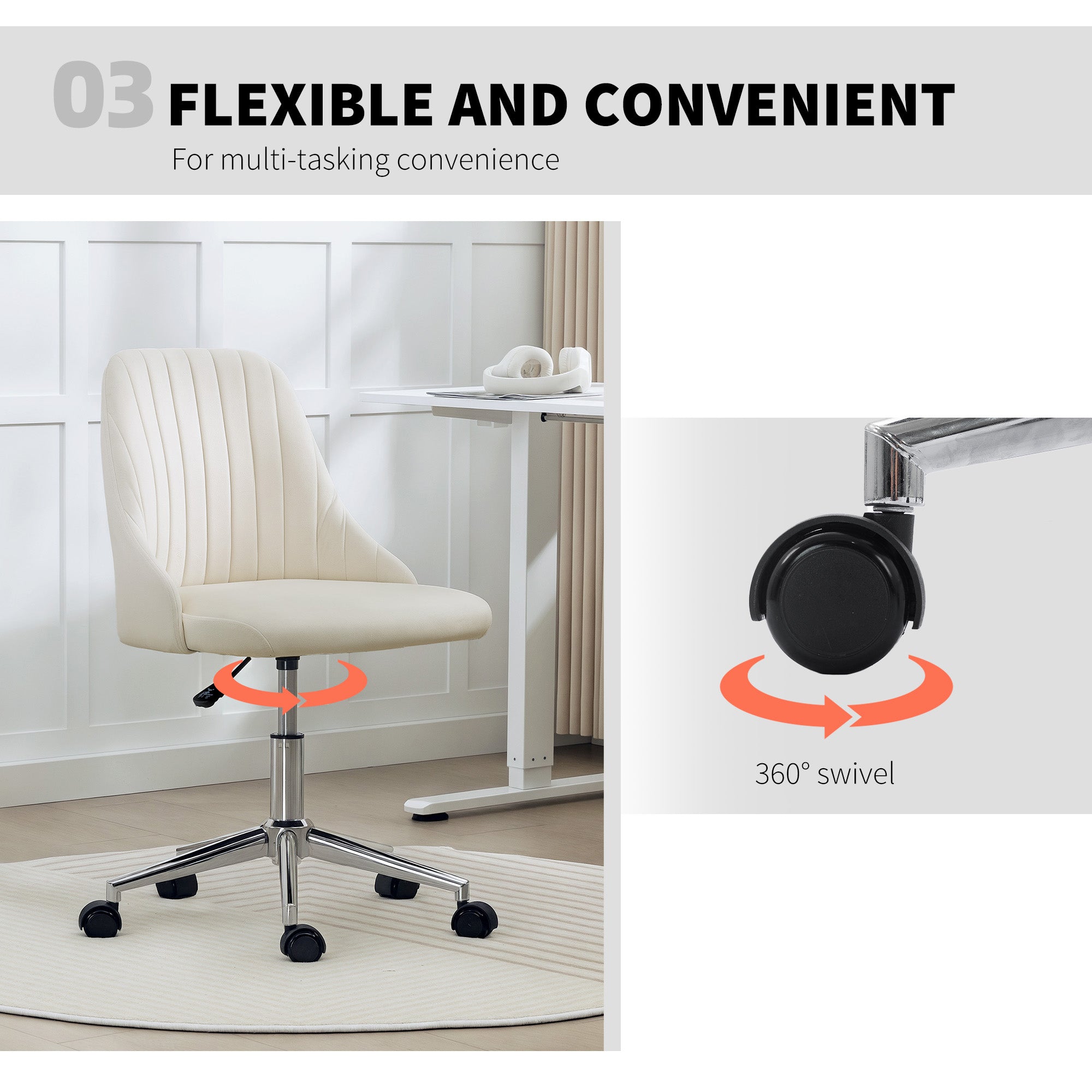 Vanity Chair for Makeup, Velvet Comfy Office Chair with Adjustable Height, Swivel Wheels for Bedroom, Living Room, Cream-Office Products > Office Furniture > Office Chairs > Task Chairs-DECOROLALA