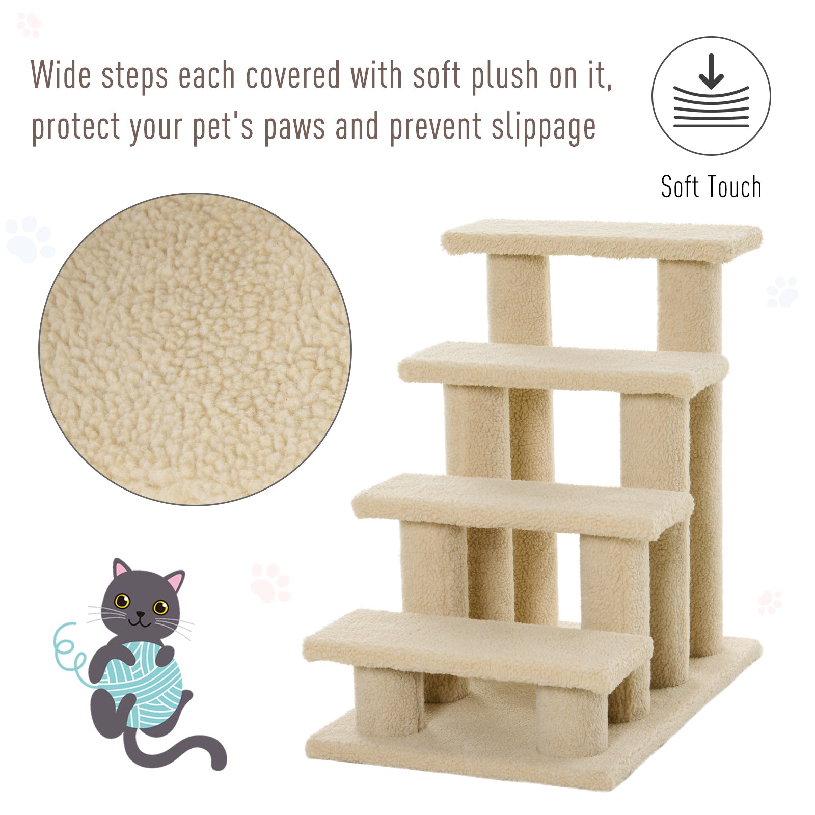 Escalier pour animaux à 4 marches de 23.5", meuble avec griffoir pour chiens et chats, blanc crème