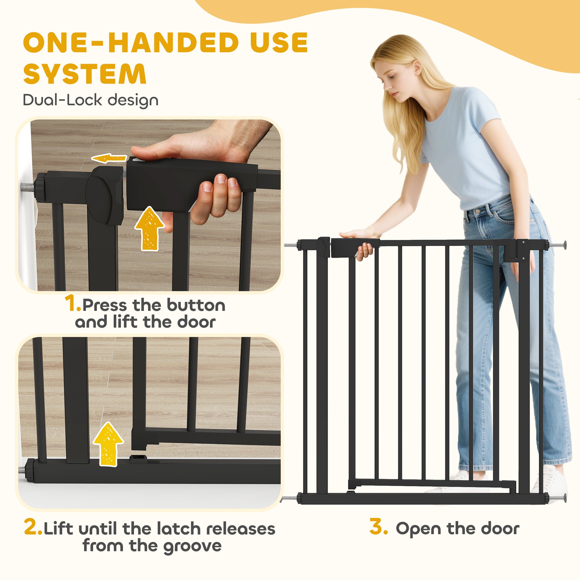 Baby Gate, Pet Safety Gate Pressure Fit, 30"-32" Wide with Two-Way Open, Auto-Close for Stair, Doorways, Hallways, Black