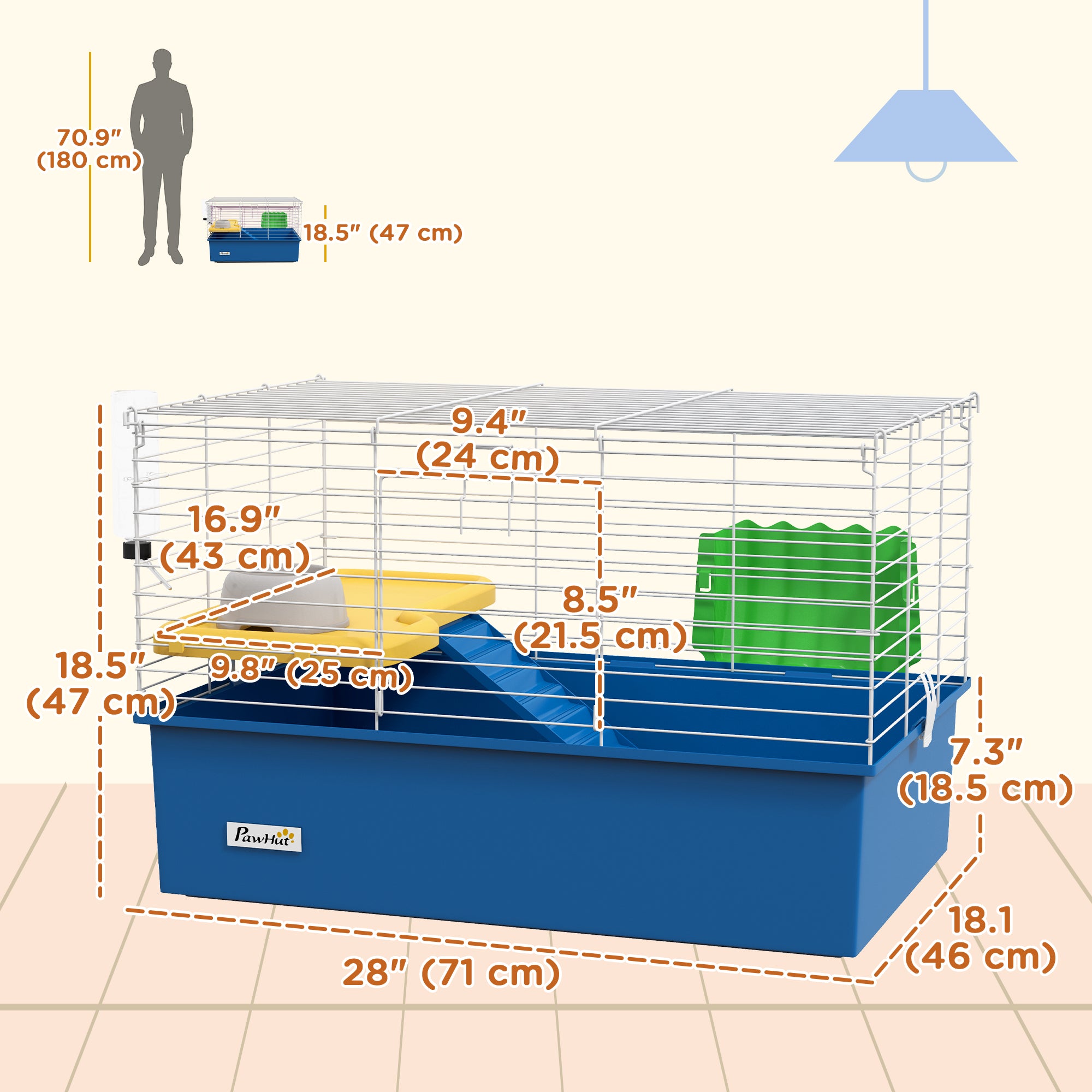 18.5" Small Animal Cage with Water Bottle, Food Dish, Platform, Ramp, Blue