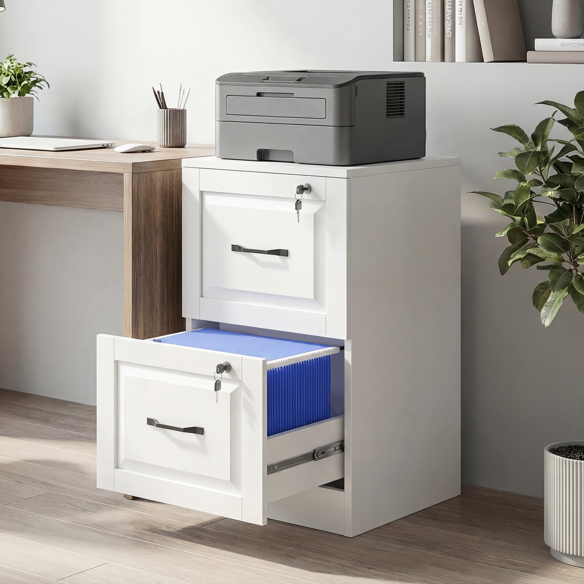 2 Drawer File Cabinet with Lock, Vertical Filing Cabinet with Adjustable Hanging Bars for A4 and Letter Size, White-Office Products > Office Furniture > Office Cabinets & Cupboards-DECOROLALA