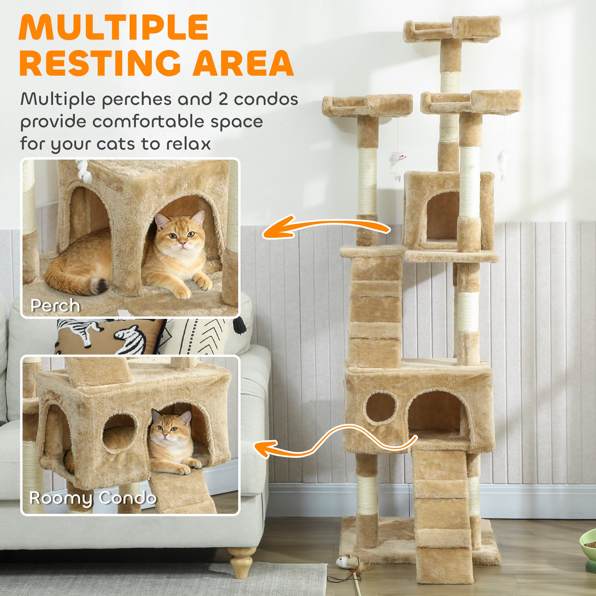 68-inch Multi-Level Cat Scratching Tree Kitty Activity Center Post Tower Condo Pet Furniture w/ Toy Light Brown